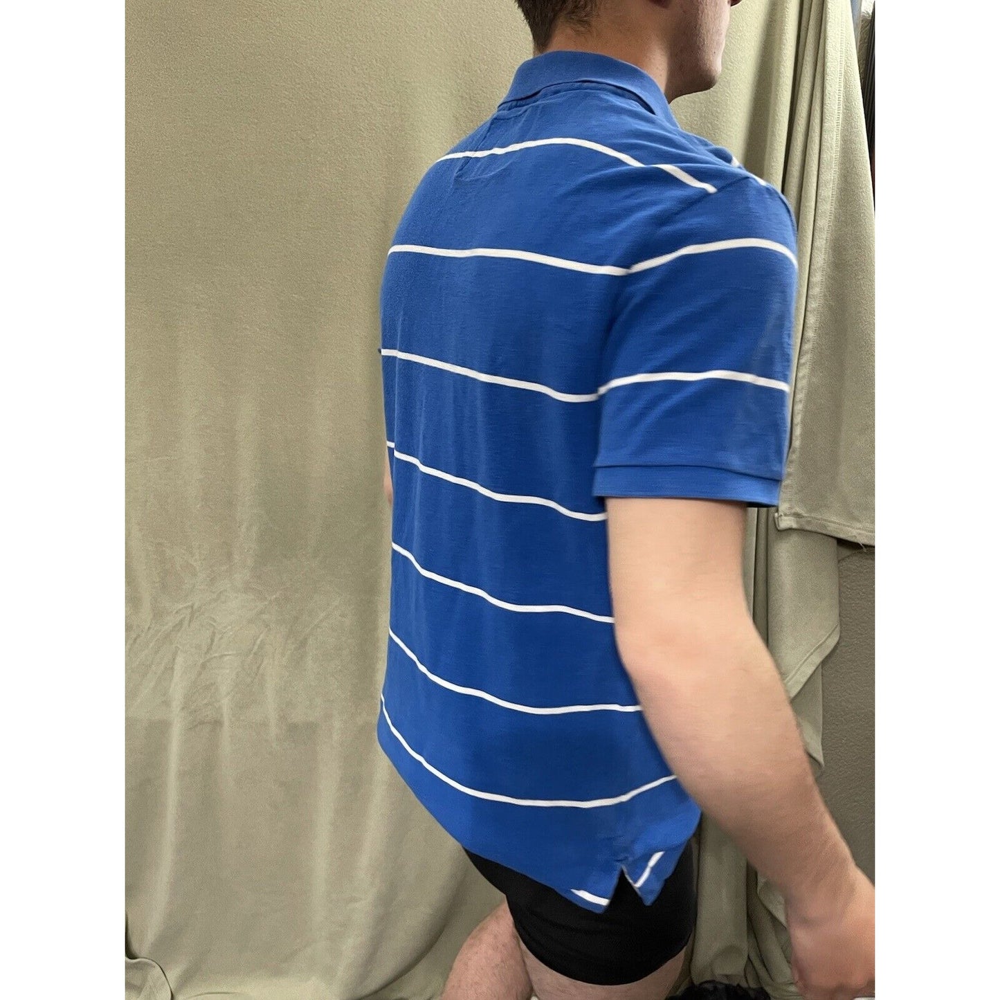 American Eagle Mens Polo Shirt Medium M Blue White Striped Short Sleeves Vintage