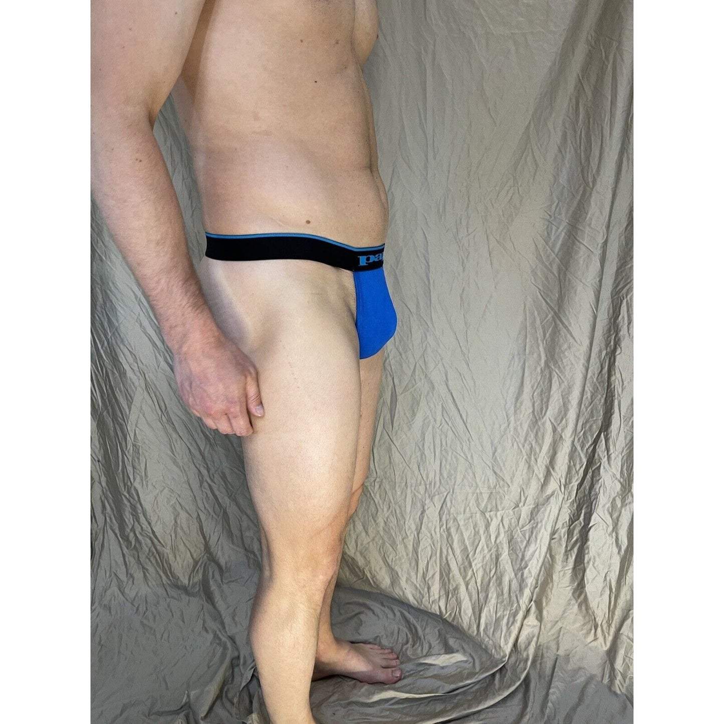 men's papi Royal Blue Thong with Aqua lettering Medium