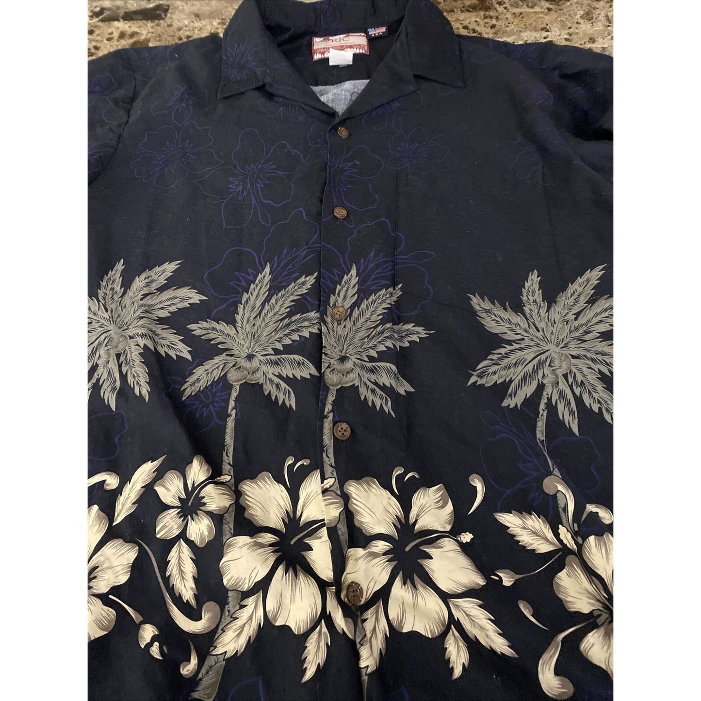 RJC Men’s XL Black Hawaiian Summer Palm Trees Hibiscus Flowers Button-down Shirt