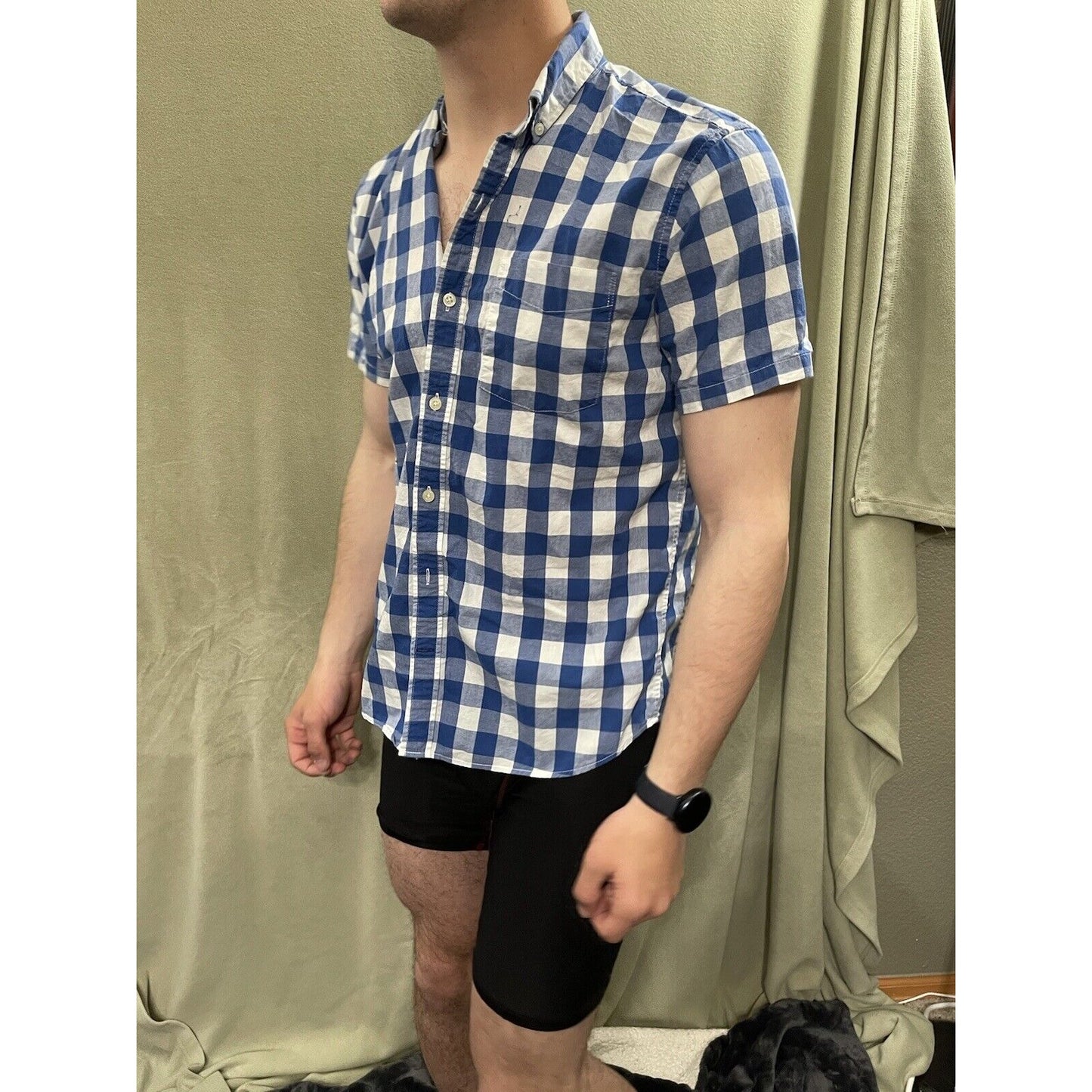 Men’s Small Gap Blue Plaid Standard Fit Short Sleeve Coupe