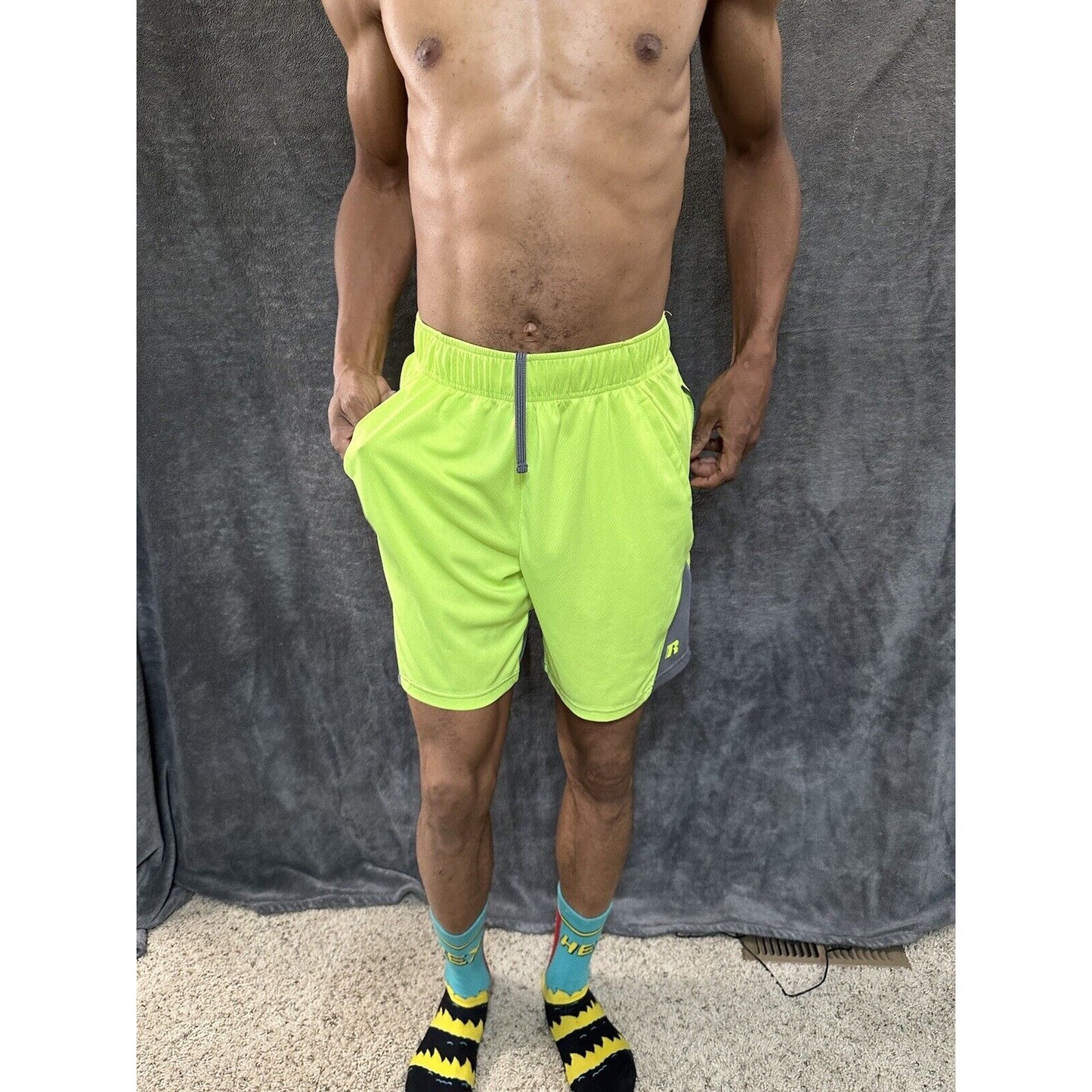 Men’s Neon Yellow Russell Athletic Shorts Zippered Pockets Medium