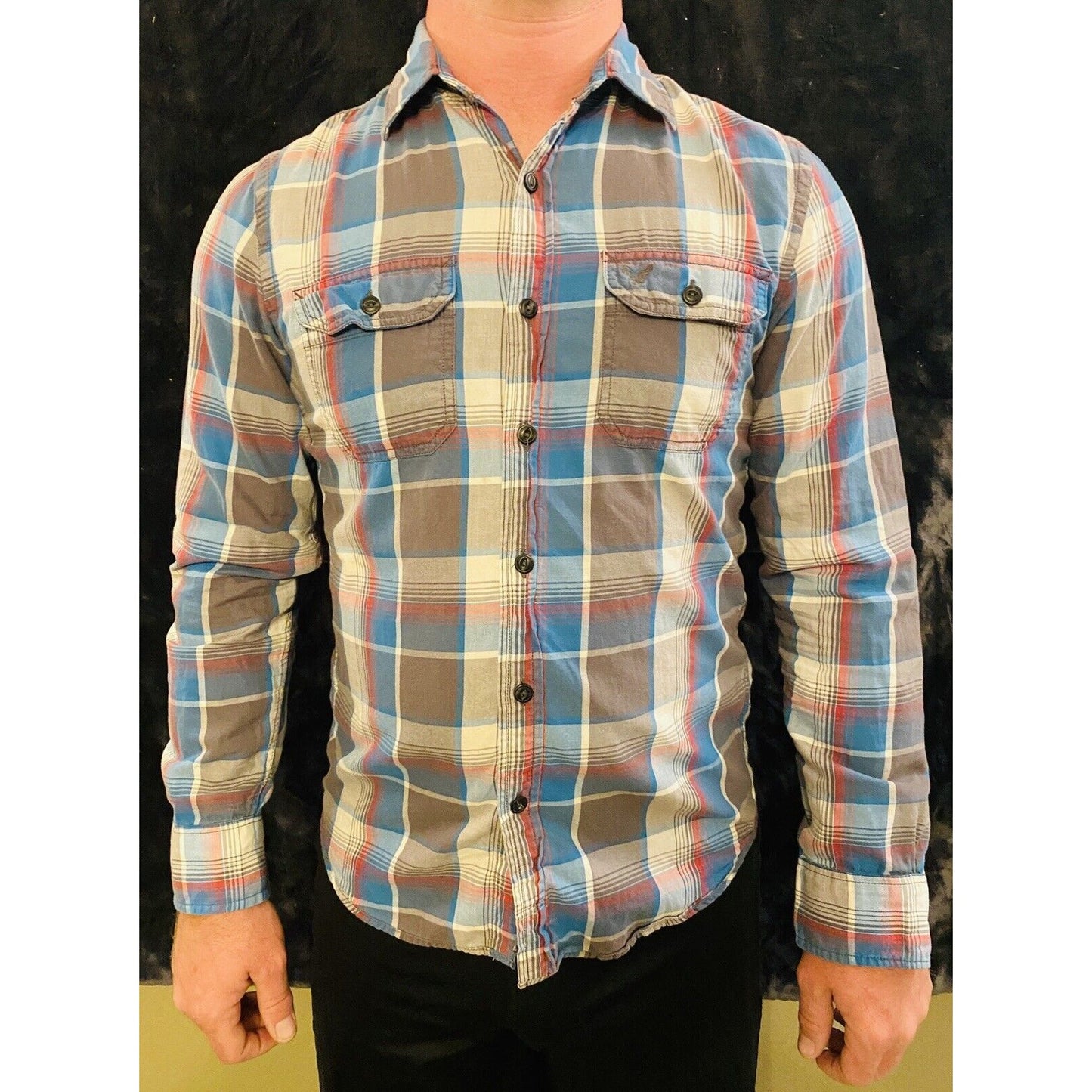 American Eagle Outfitters Blue Plaid Button-down Long Sleeve Sz S/P