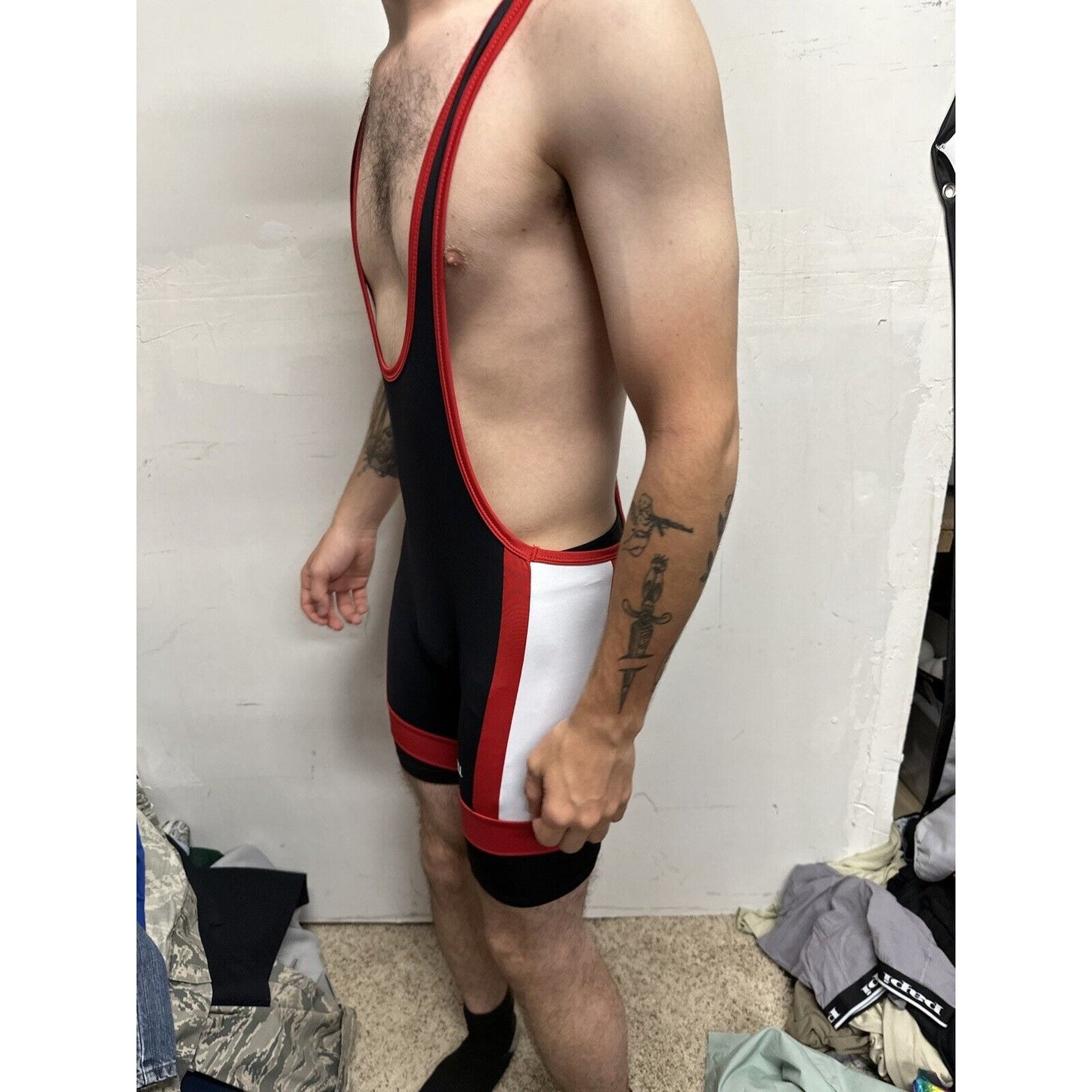 Men’s Tauwell Wrestling Singlet Black And Red With White Large