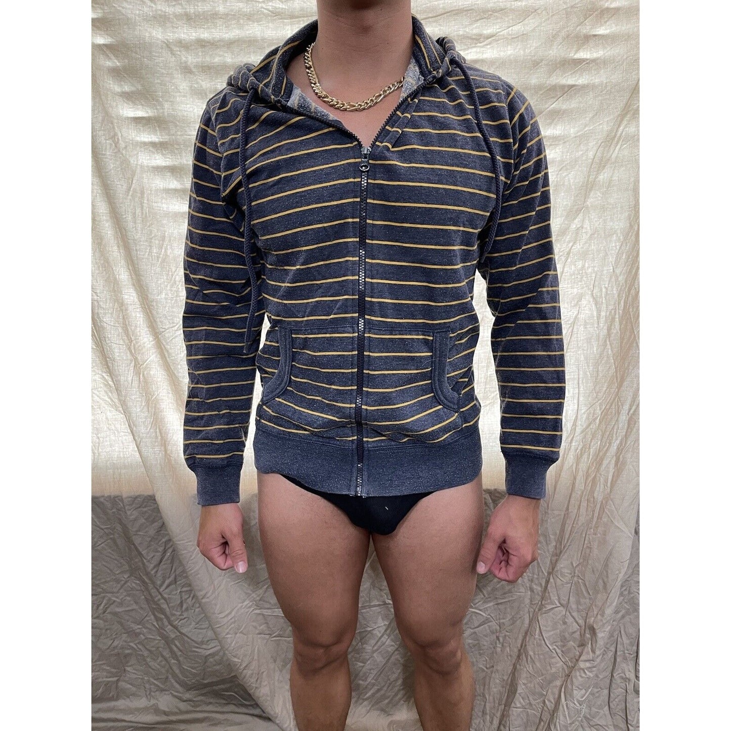men's old navy small full zip hoodie bluish Gray With yellow stripes