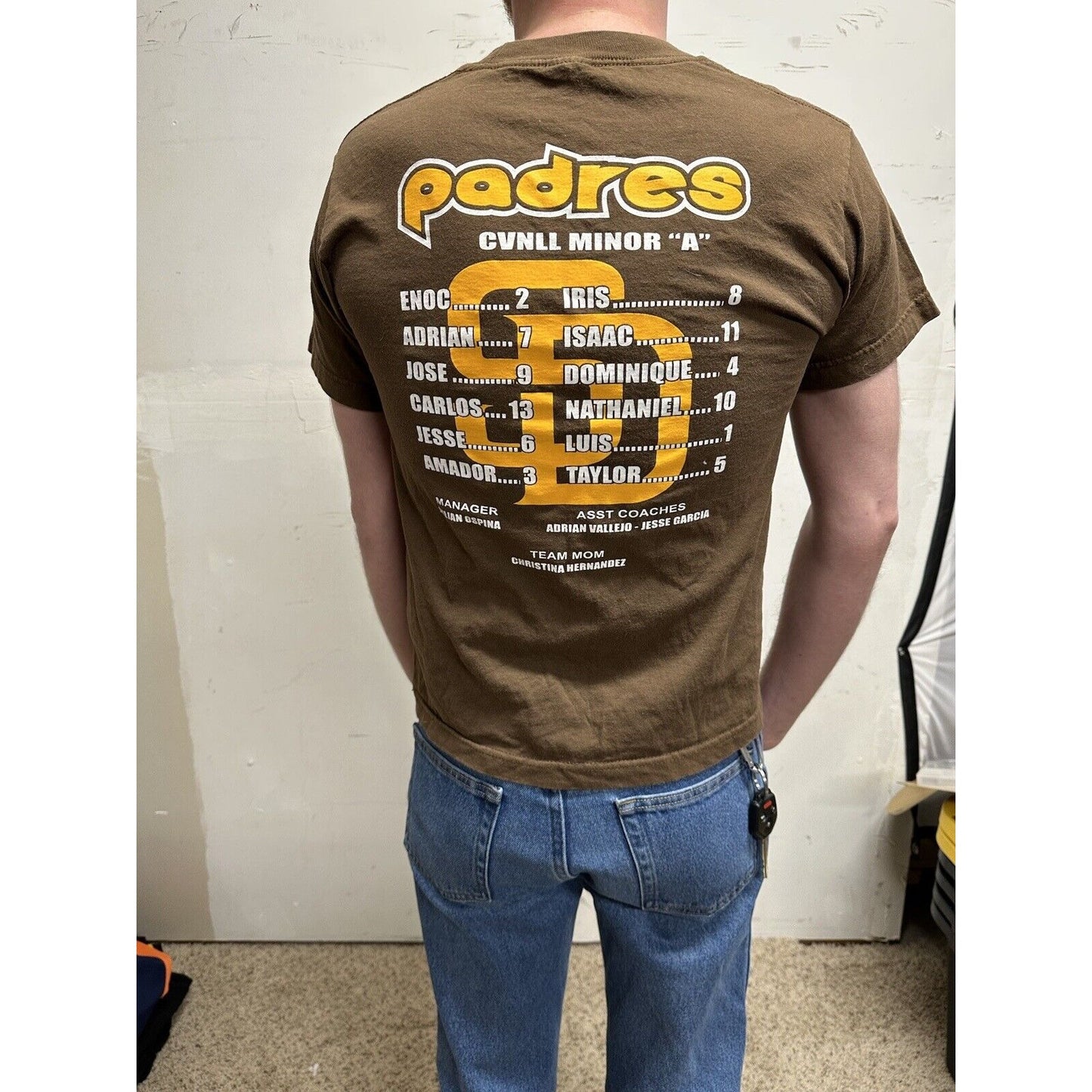 men’s san diego padres old logo style brown short sleeve youth large shirt