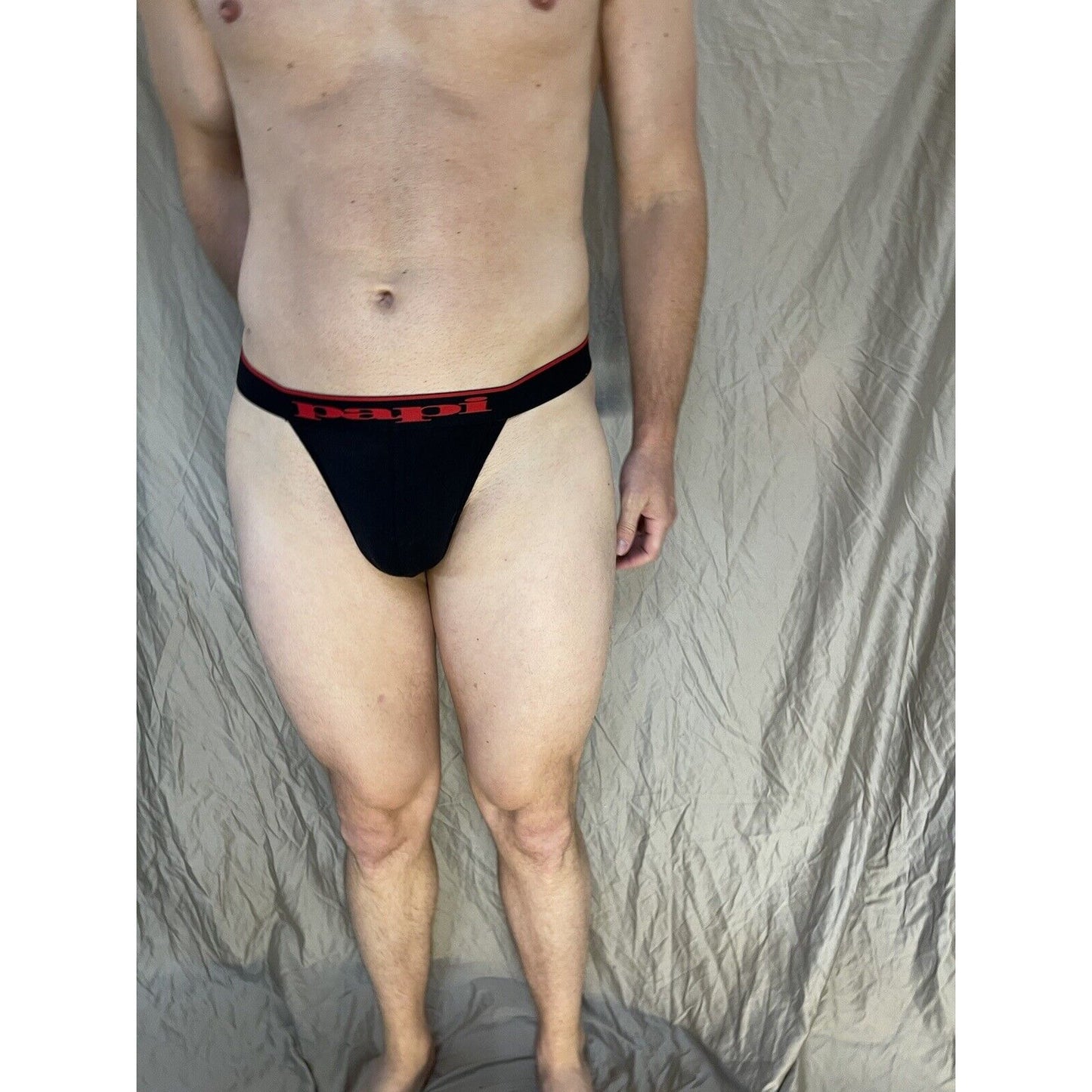 men's Black papi thong Red Lettering On band Medium