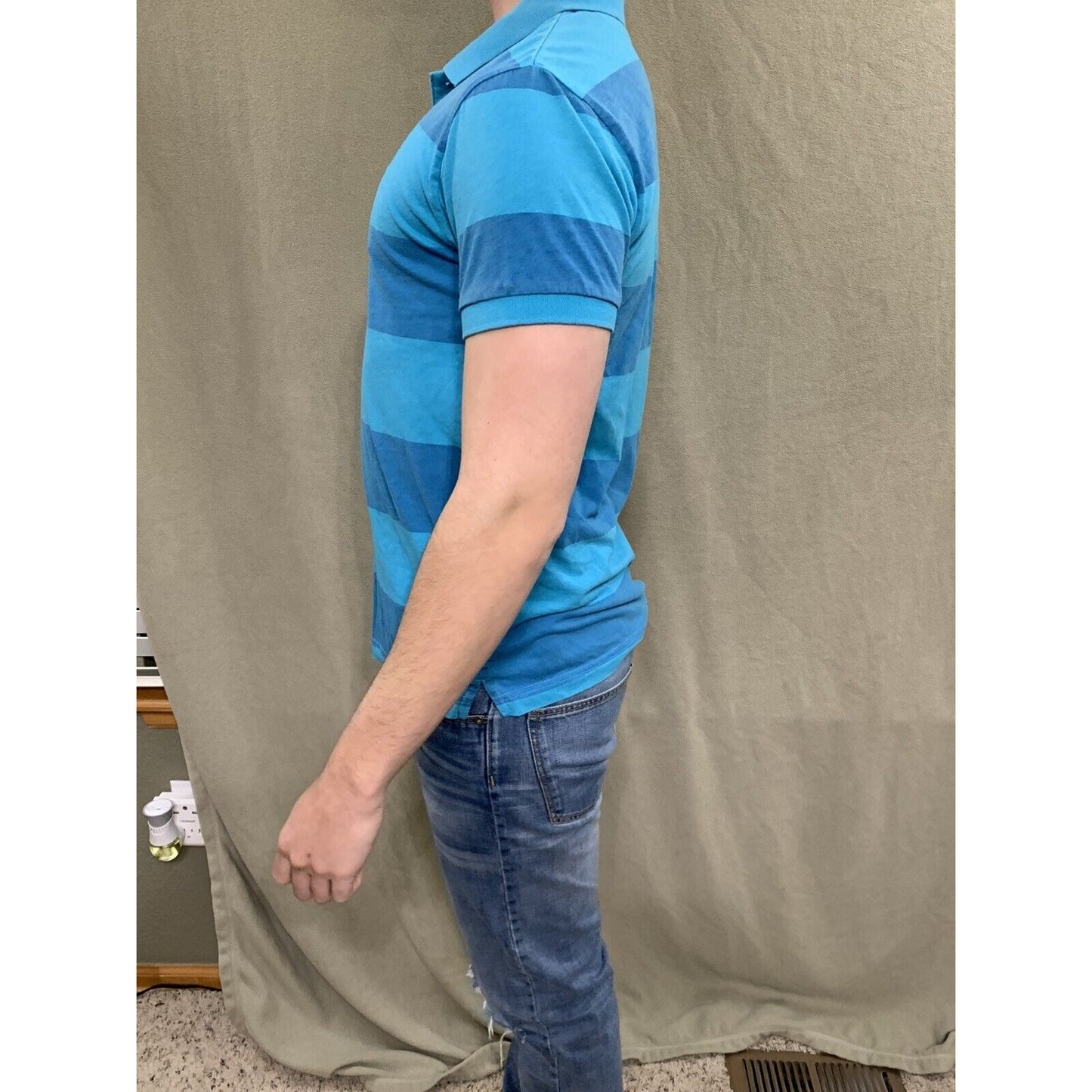 OP Sport Men's Blue Striped Hawaiian Tropical Short Sleeve Polo Shirt Size Small