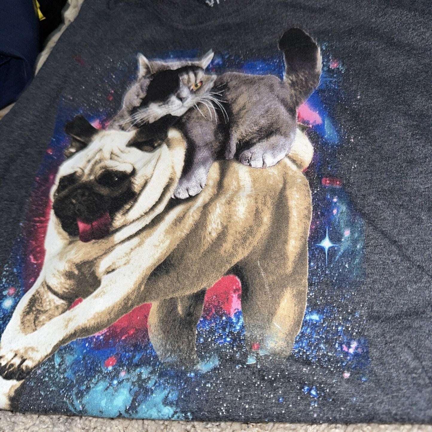 Men’s Gray Fifthsun Medium Tshirt Pug And Pirate Cat In Space