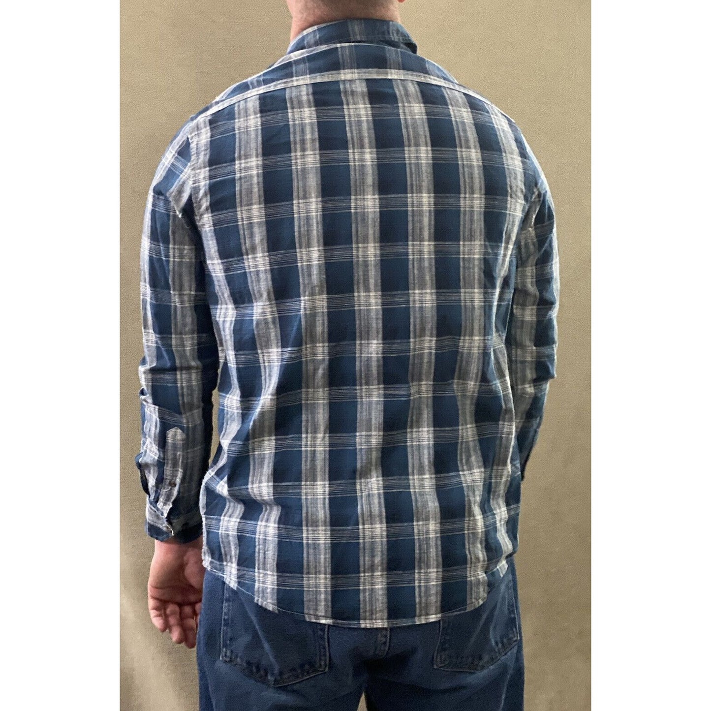 Faded Glory Men’s Medium Cobalt Blue White Plaid Button-down Cotton Long Sleeves