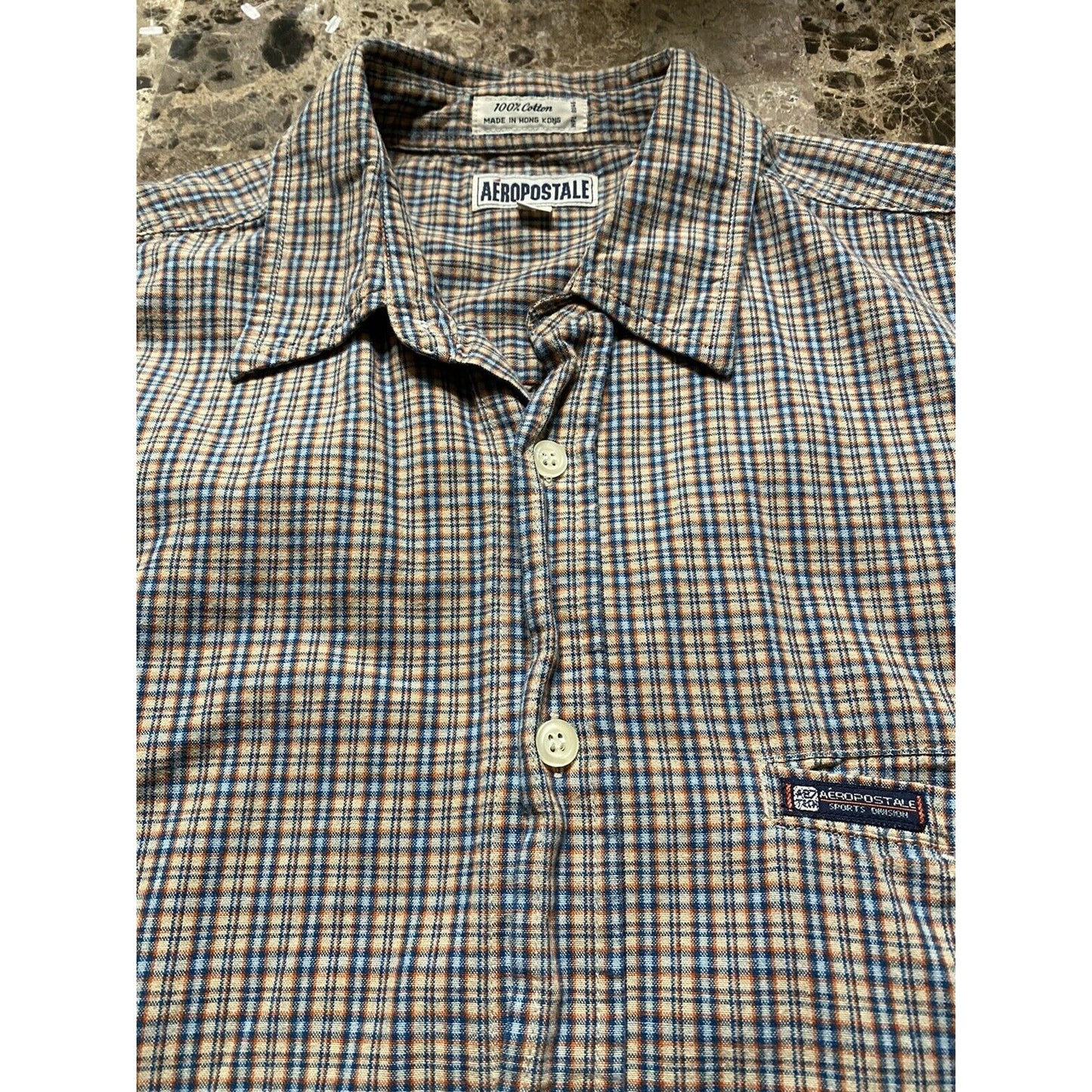 AEROPOSTALE Men’s Large Orange and Blue Checkered Button-down Short Sleeves