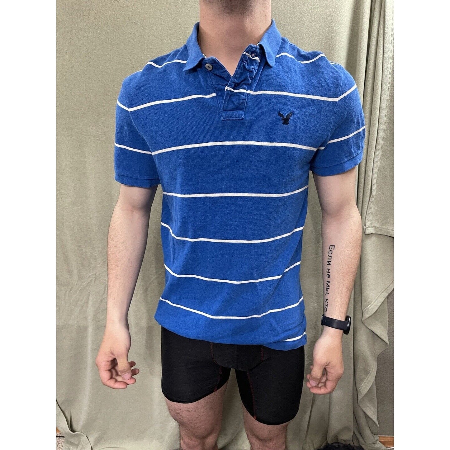 American Eagle Mens Polo Shirt Medium M Blue White Striped Short Sleeves Vintage