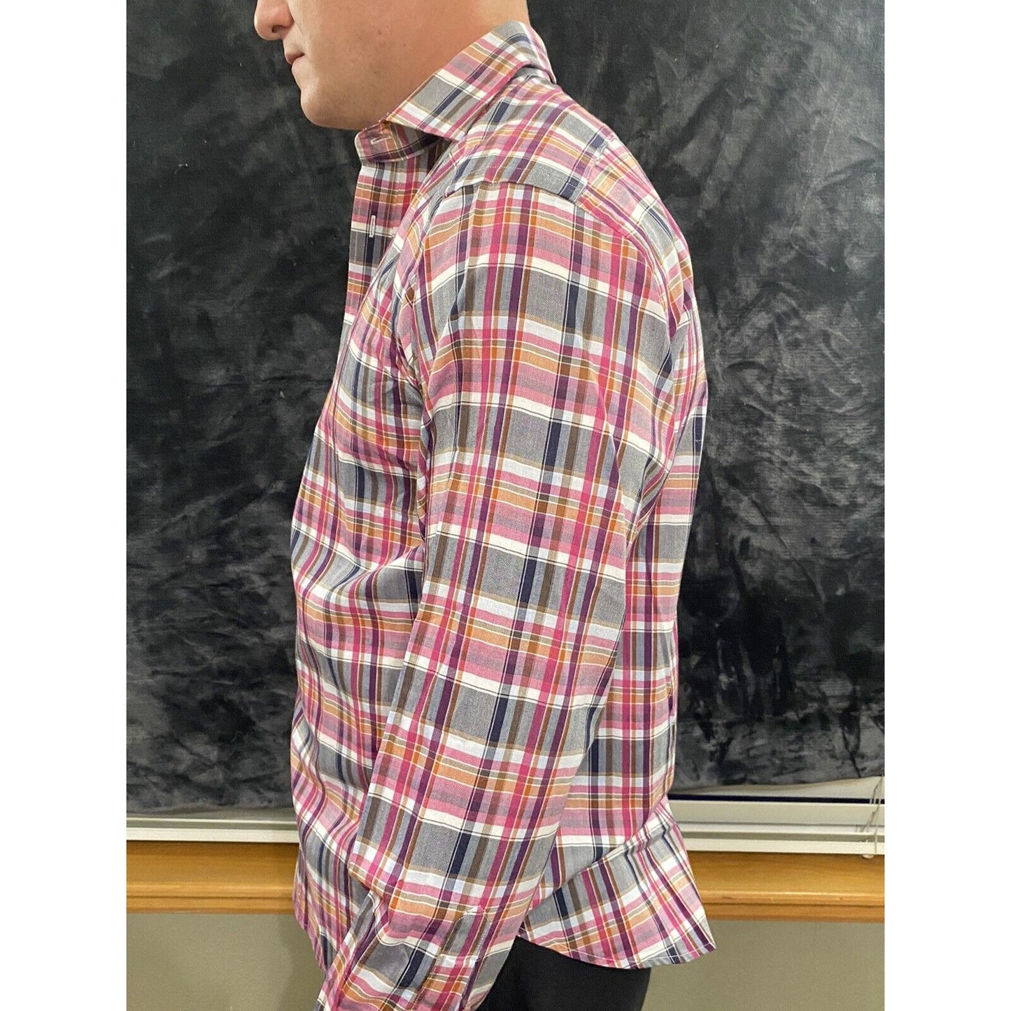 Thomas Dean Men’s Medium Pink Hue Plaid Button-down Casual Long Sleeves