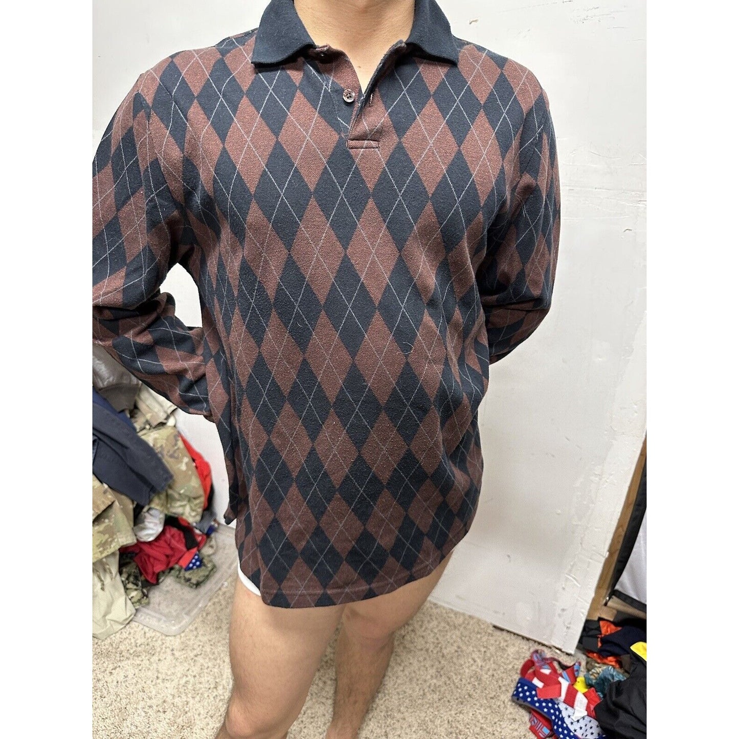 Men’s Vanheusen Medium Brick Red Black Long Sleeve Polo Shirt