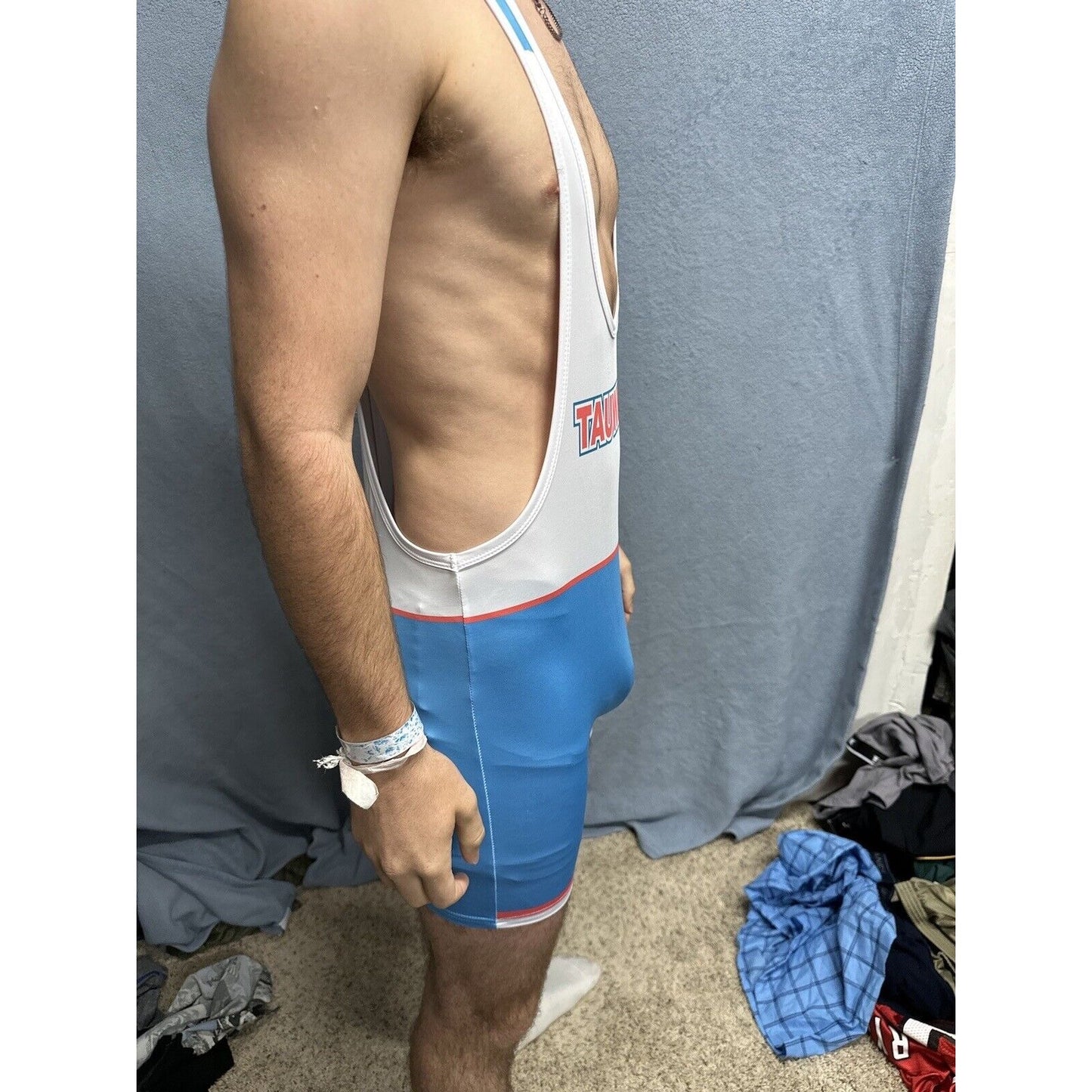 Men’s White And Blue Tauwell Wrestling Singlet Medium