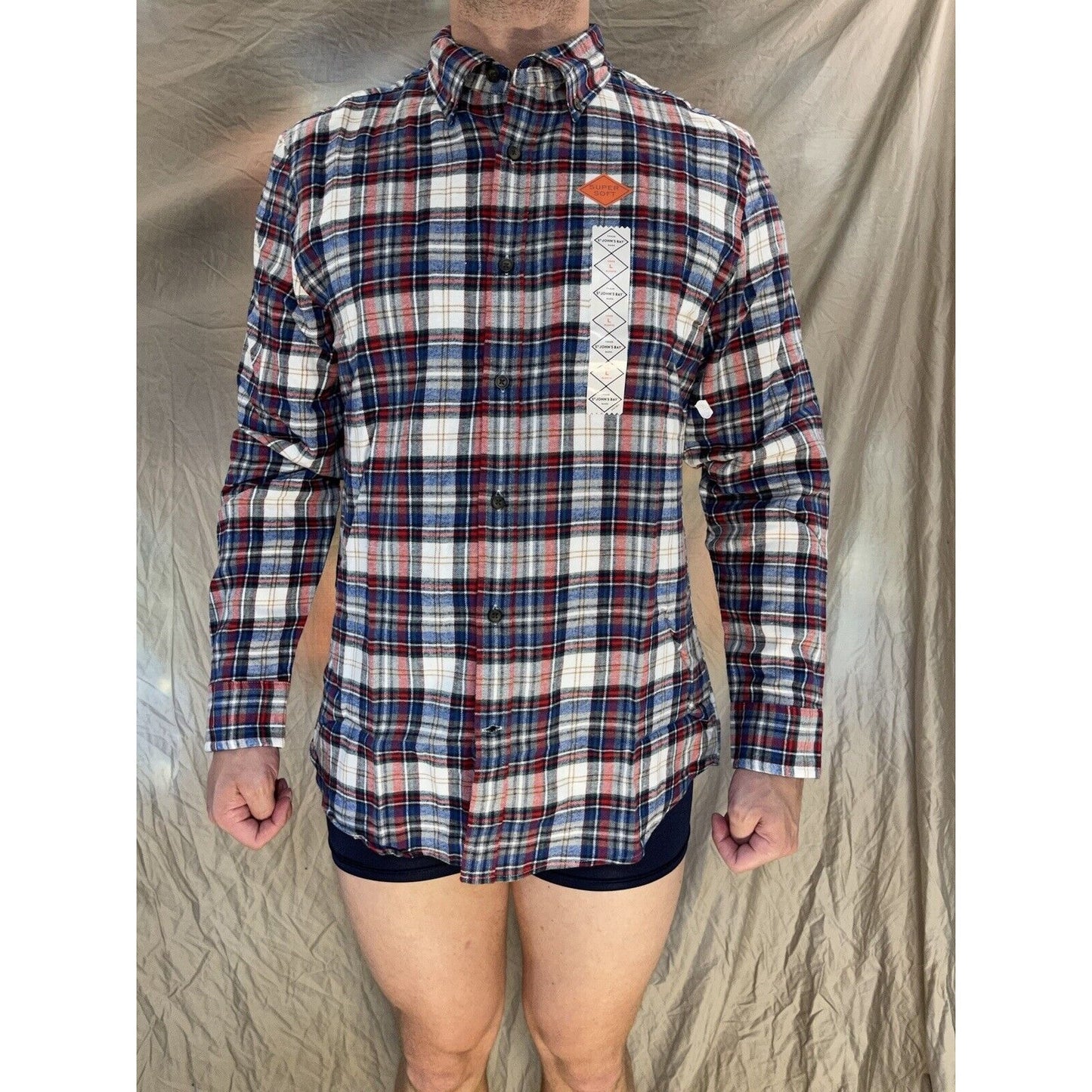 men's plaid blue red st john's bay large polar bear mulit long sleeve buttonup