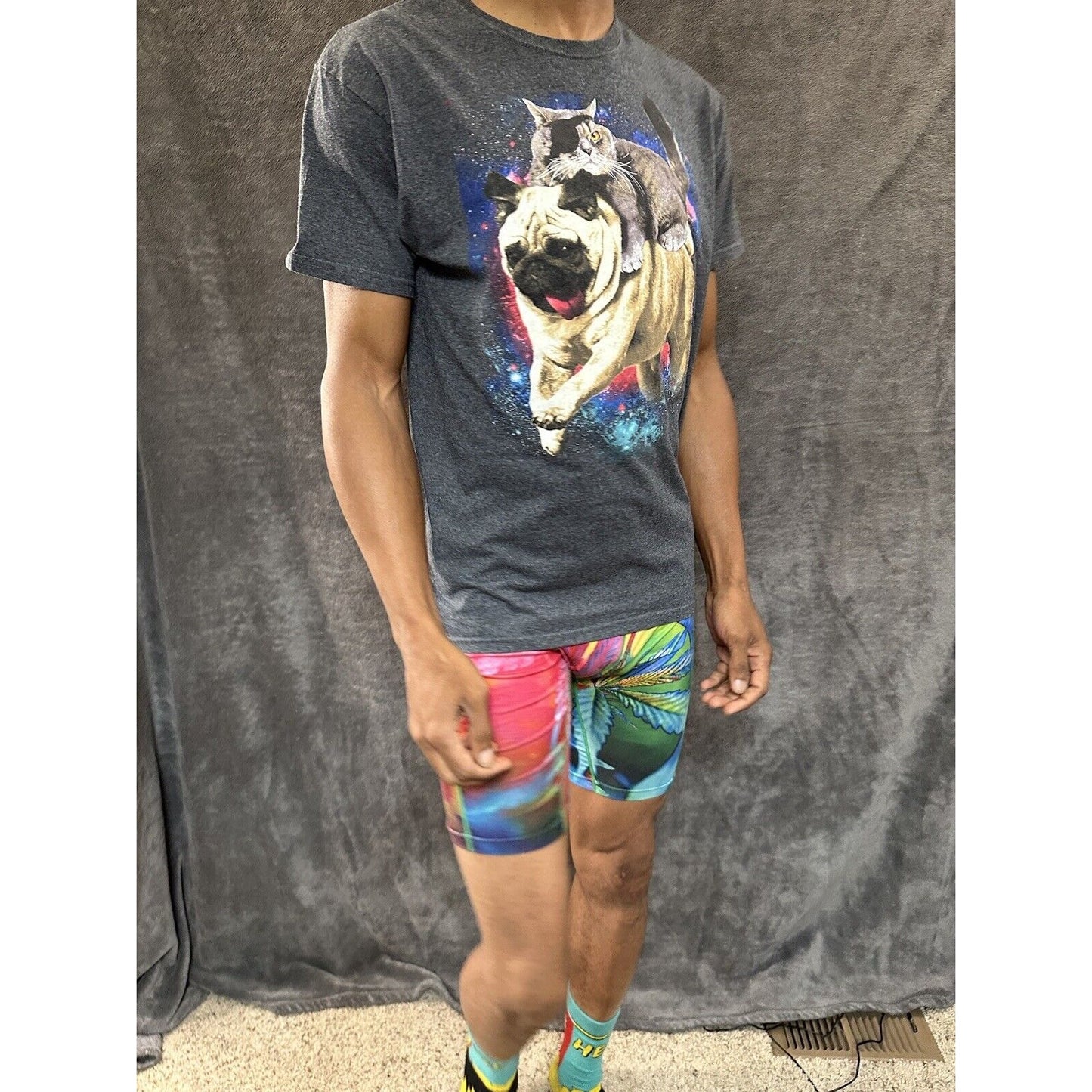 Men’s Gray Fifthsun Medium Tshirt Pug And Pirate Cat In Space