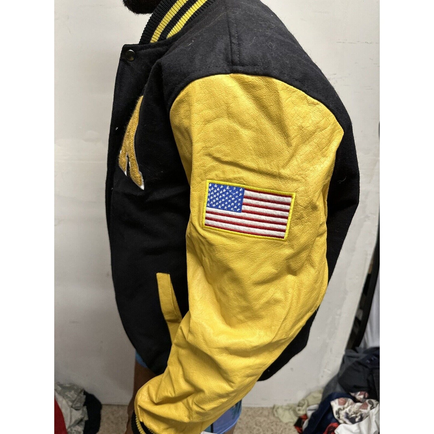 Men’s 2XL JWM Us Army Varsity Style Leather Wool Snap Up Jacket