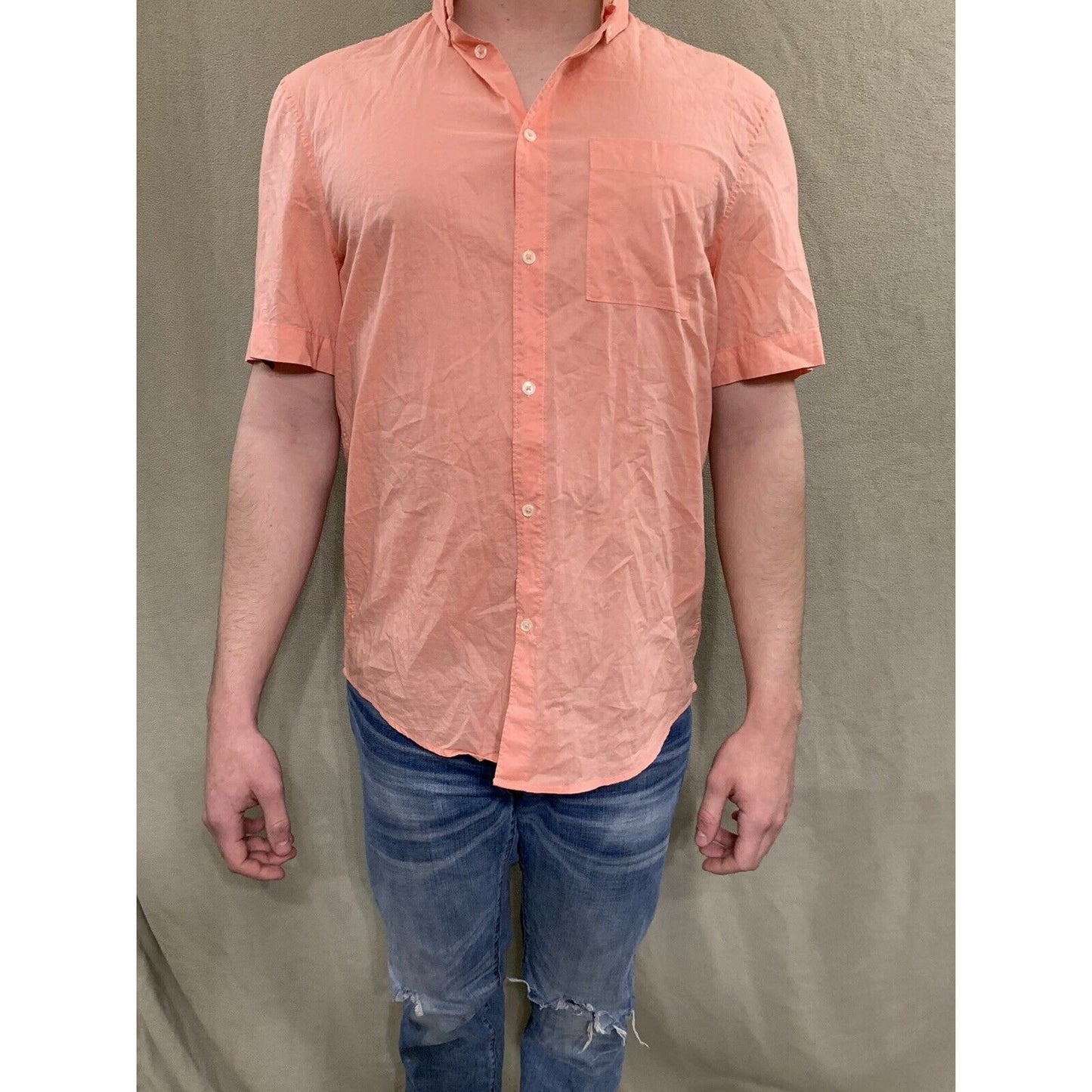 H&M Men Short Sleeve Button Shirt Casual Top Size Medium Regular Fit - Salmon