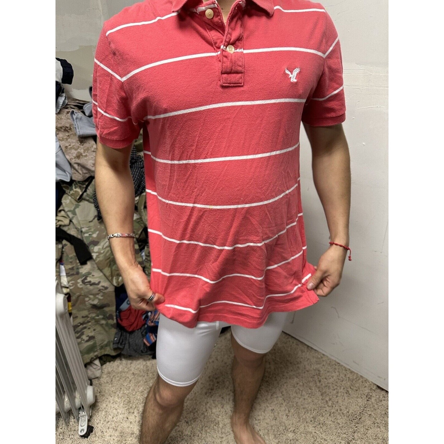 Men’s Vintage Fit American Eagle Polo Large Pink White Striped