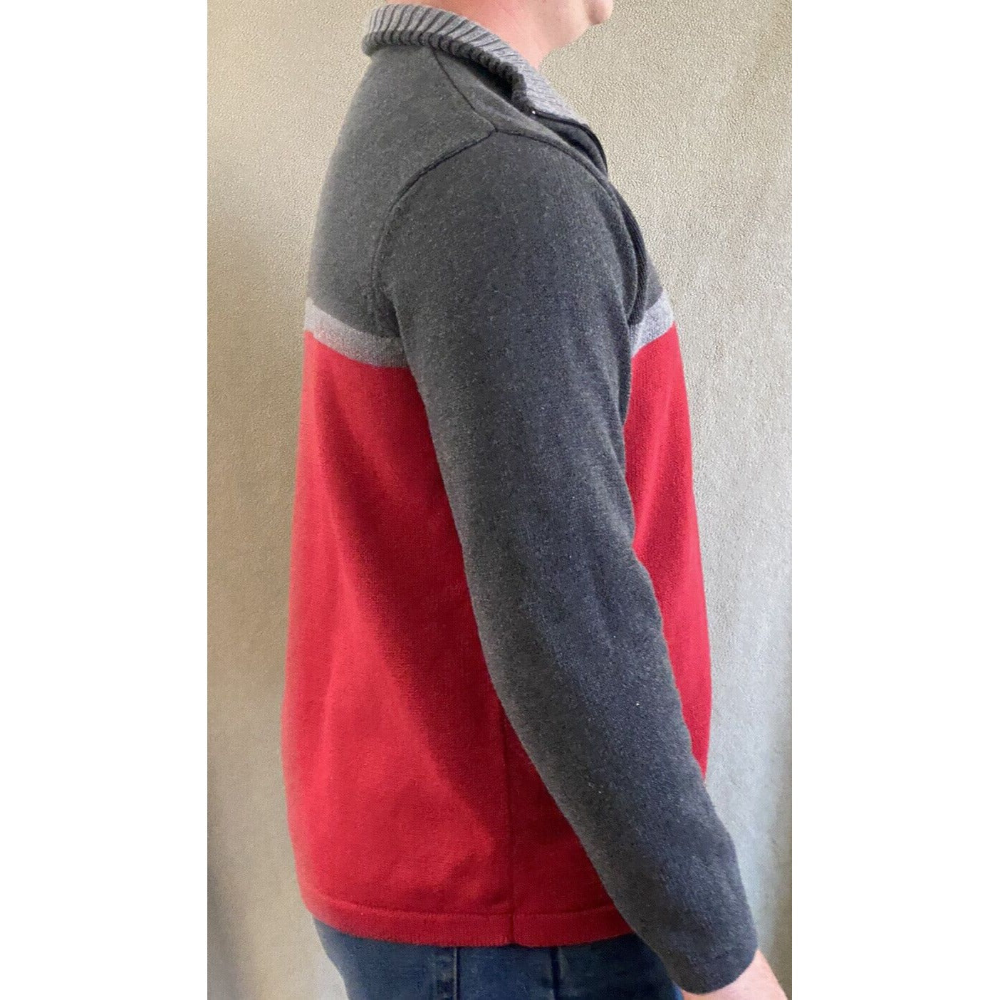 Eddie Bauer Men’s Large Gray Red Cotton 1/4-zip Pullover Sweater