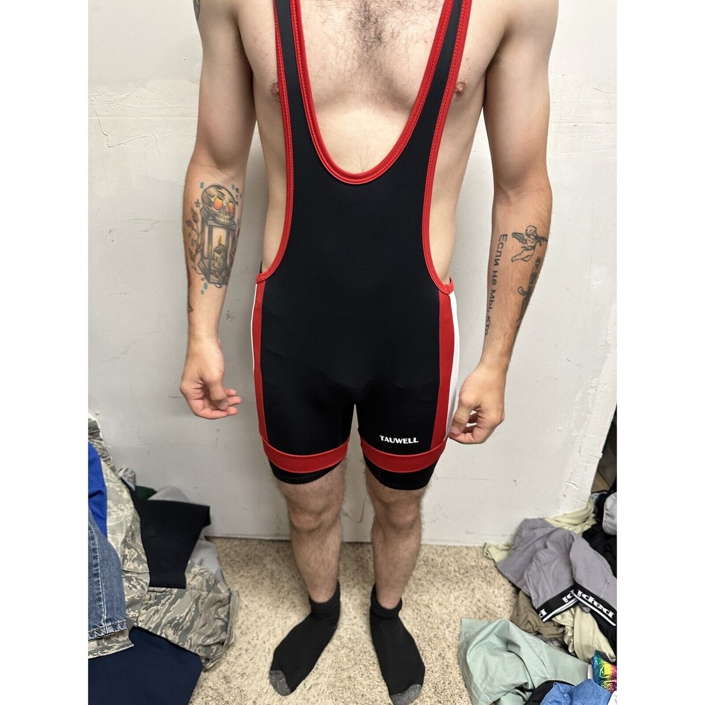 Men’s Tauwell Wrestling Singlet Black And Red With White Large
