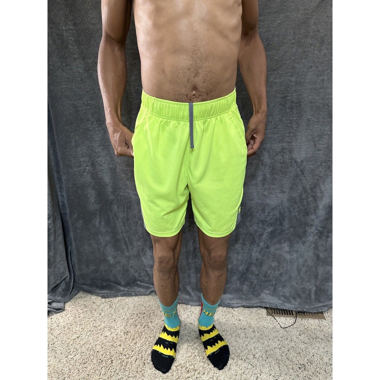 Men’s Neon Yellow Russell Athletic Shorts Zippered Pockets Medium