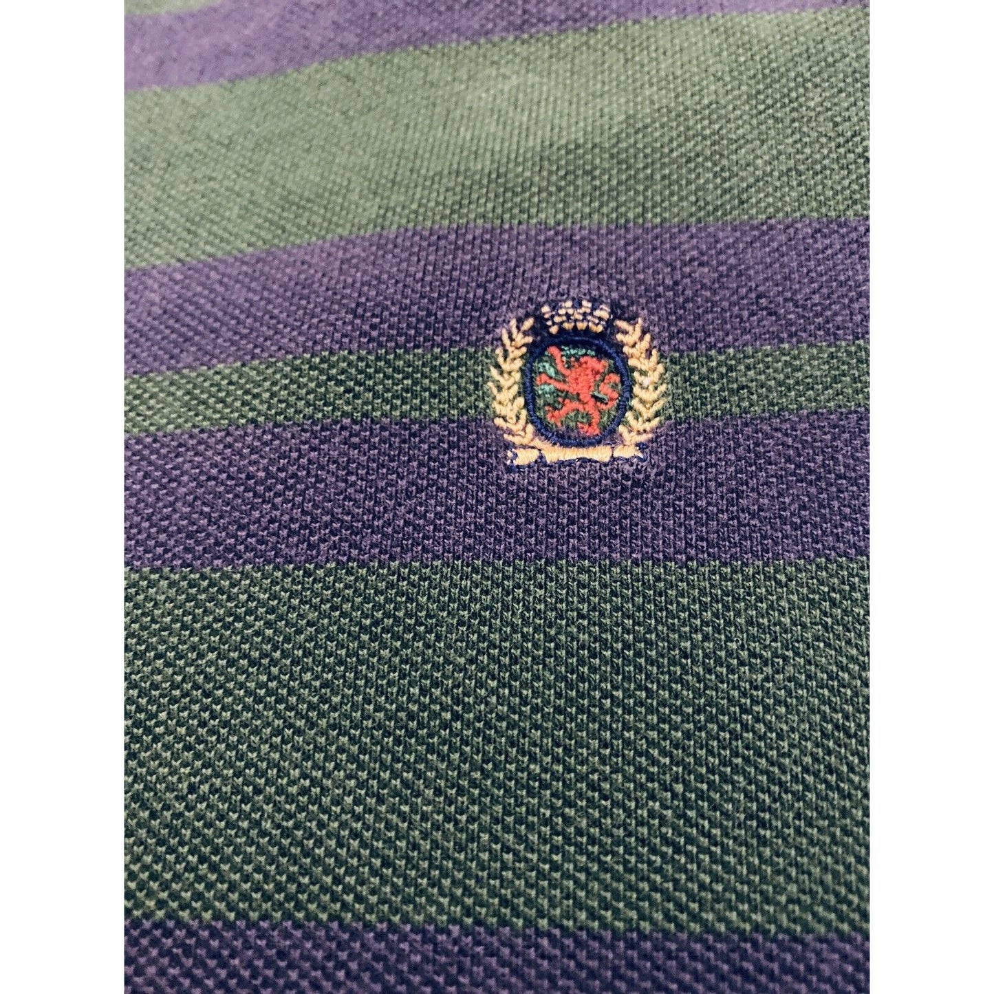 Vintage Tommy Hilfiger Blue & Green Striped Polo Shirt Embroidered Lion Logo M