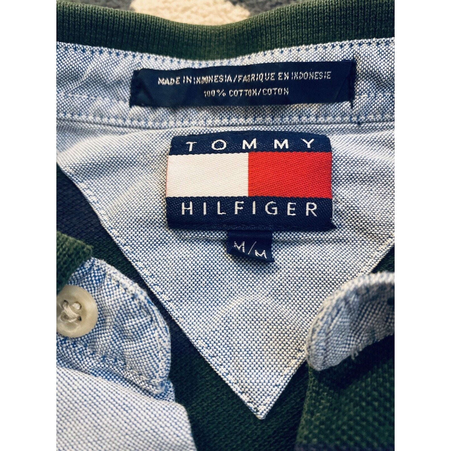 Vintage Tommy Hilfiger Blue & Green Striped Polo Shirt Embroidered Lion Logo M