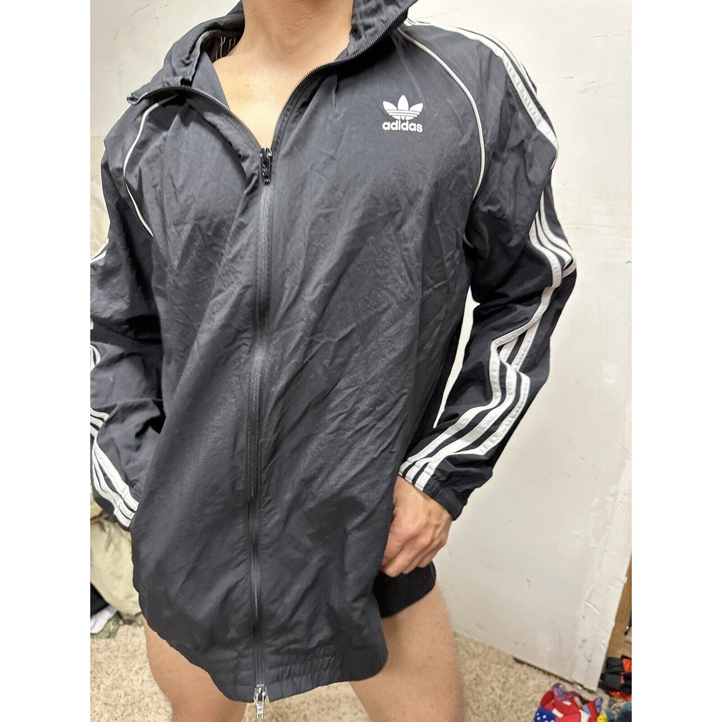 Adidas Men's Full Zip Hoodie Black /White Stripe