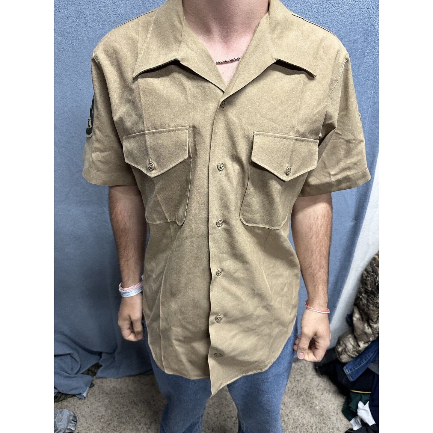Usmc Marine Corps Khaki Creighton Button Up Uniform Shirt Medium 15-15.5