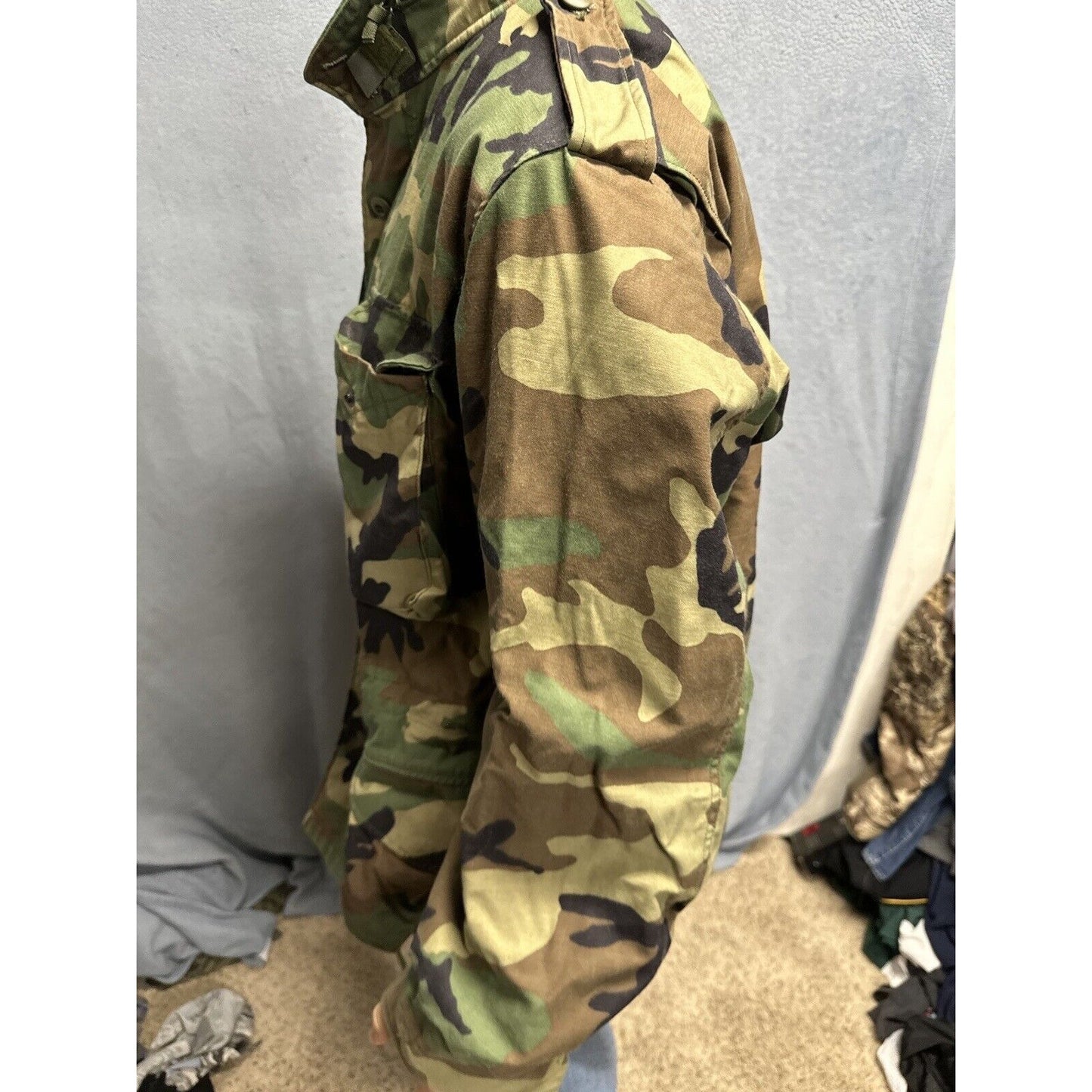 Men’s Large Regular Vintage BDU Uniform Cold Weather Field Jacket Woodland Camo