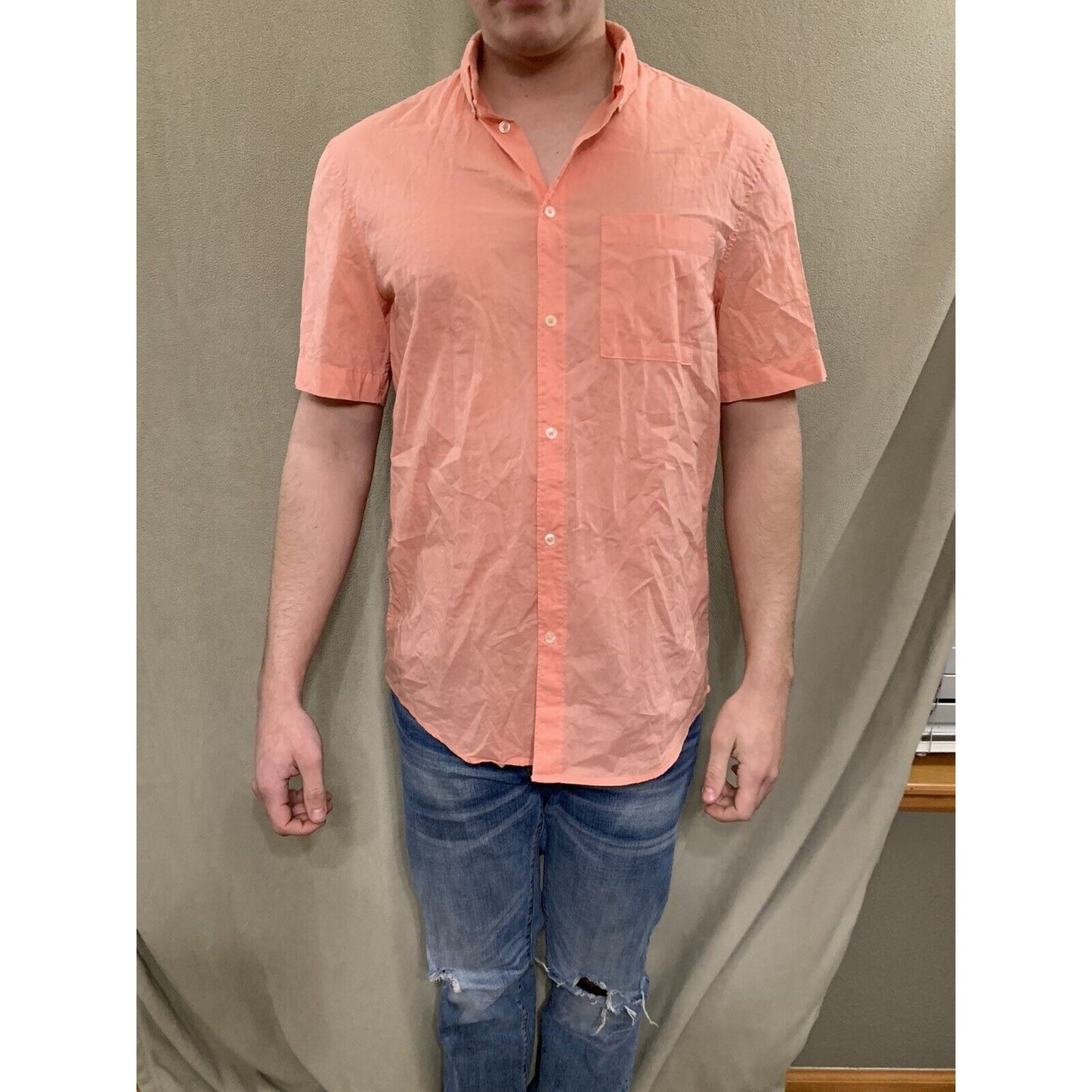 H&M Men Short Sleeve Button Shirt Casual Top Size Medium Regular Fit - Salmon