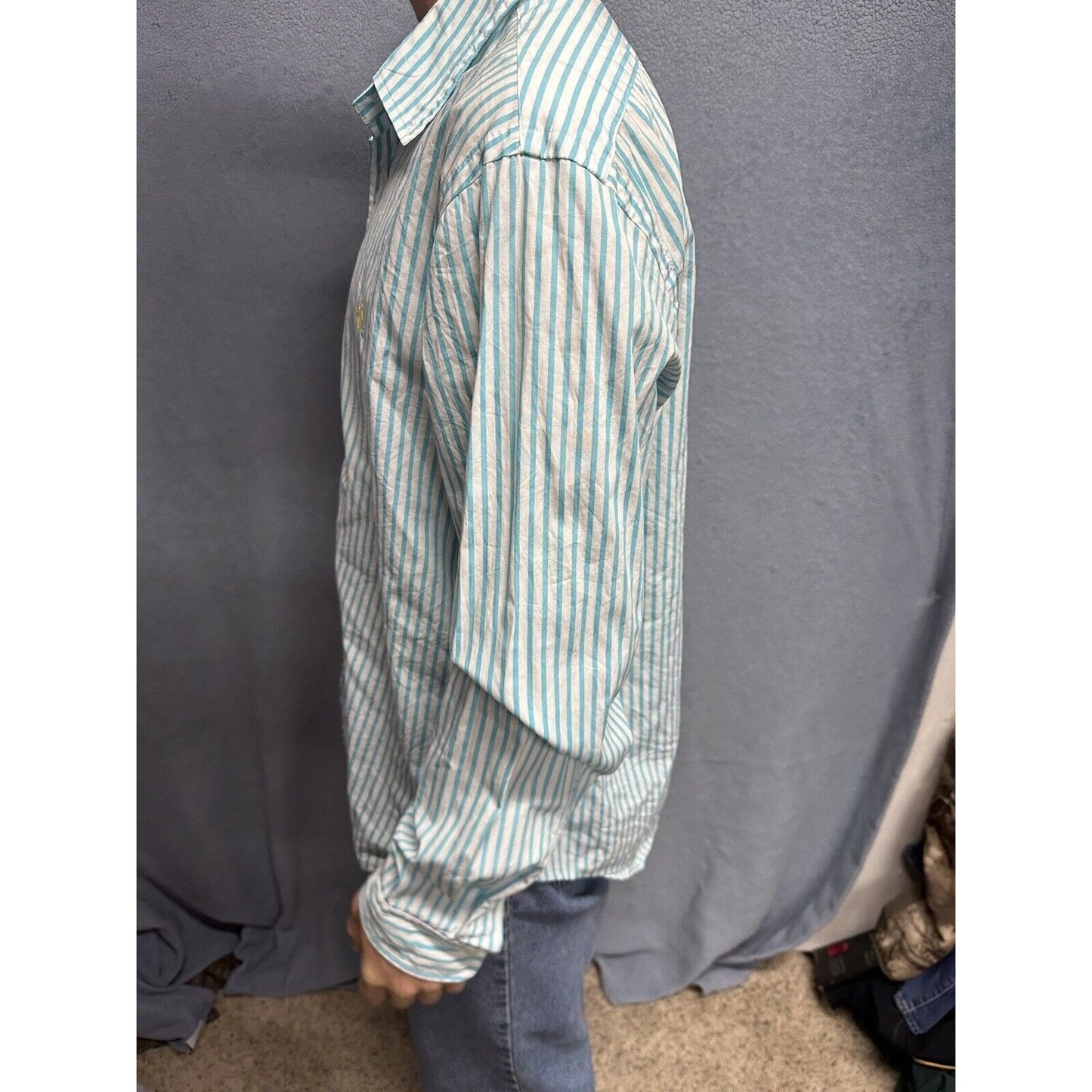 Men’s Teal And White Striped XL Button Up Long Sleeve Ralph Lauren Shirt