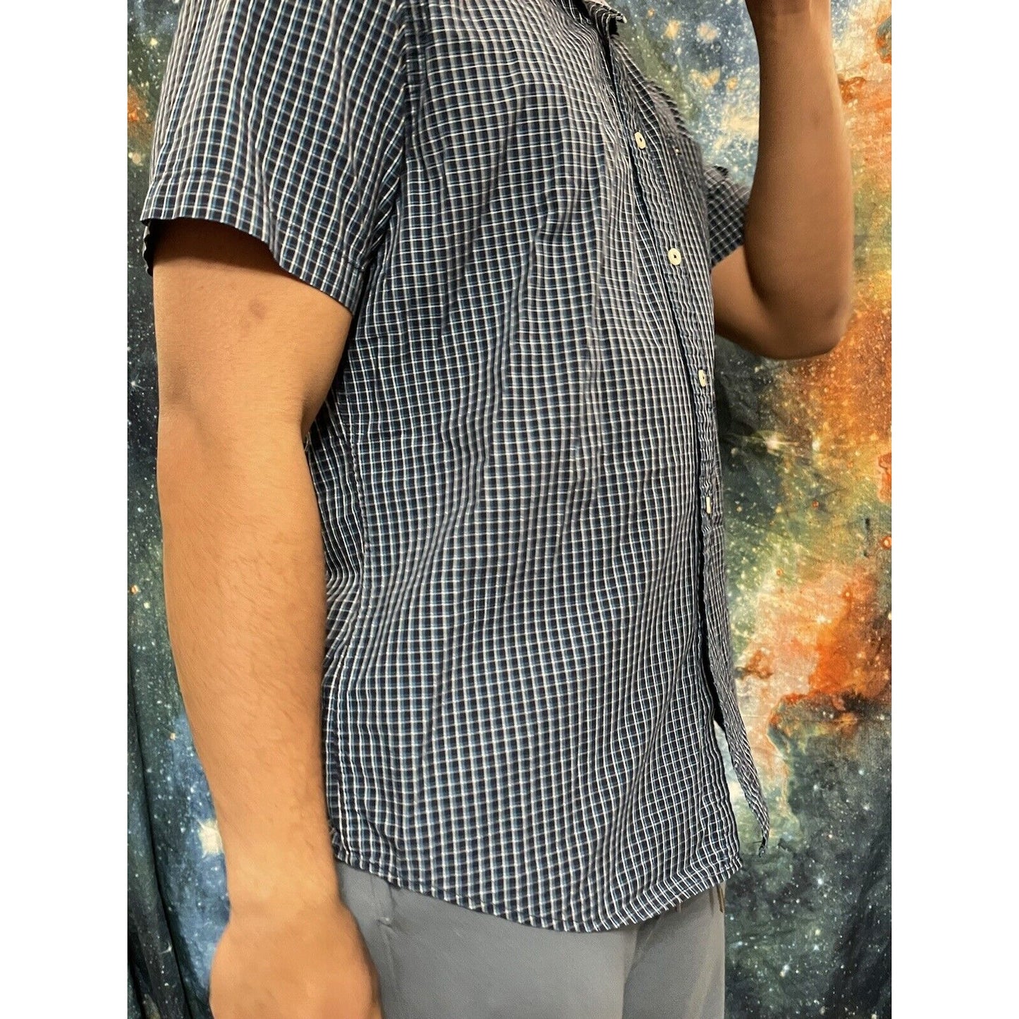 Tommy Hilfiger Men’s Large classic fit button up short sleeve shirt Blue Green