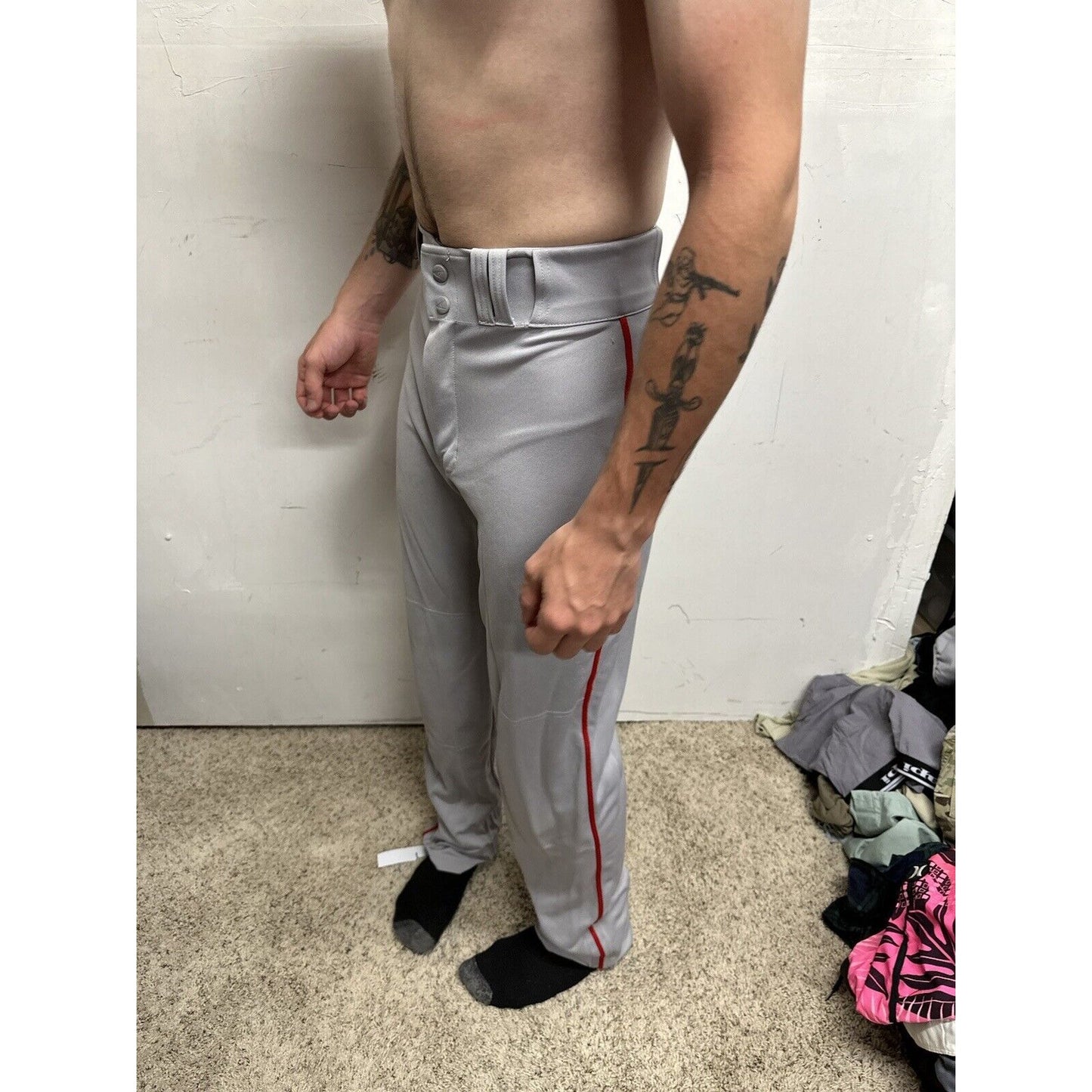Men’s Chanmpro Adult Medium Gray Baseball Pants Red Stripe