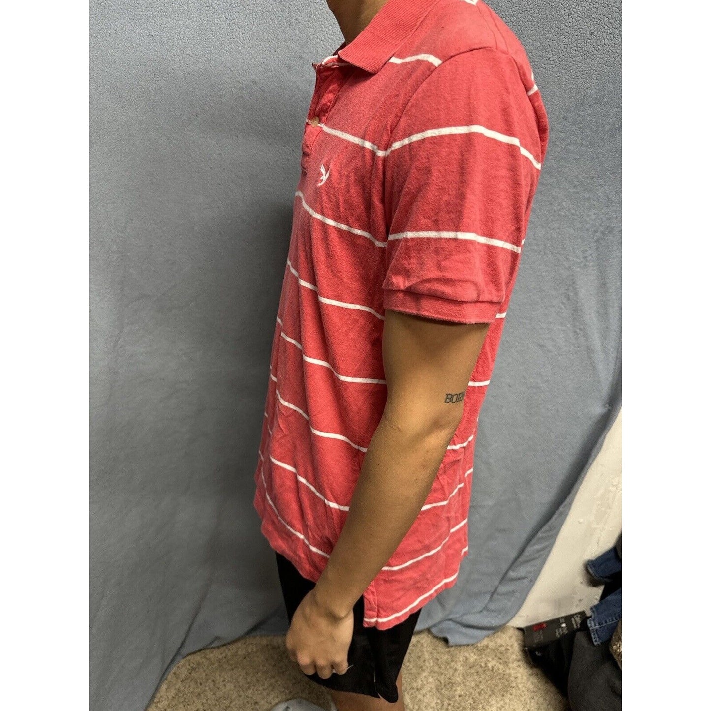 Salmon Pink Men’s Striped American Eagle Vintage Fit Large Polo Shirt