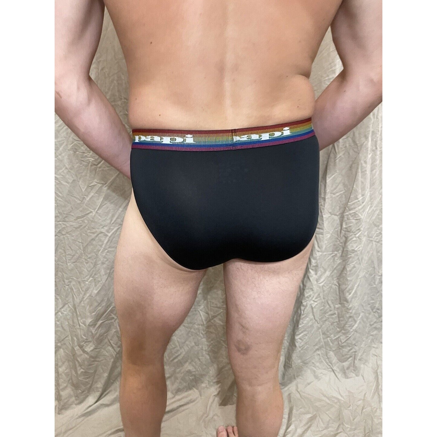 men's black rainbow pride papi brief 8% spandex medium