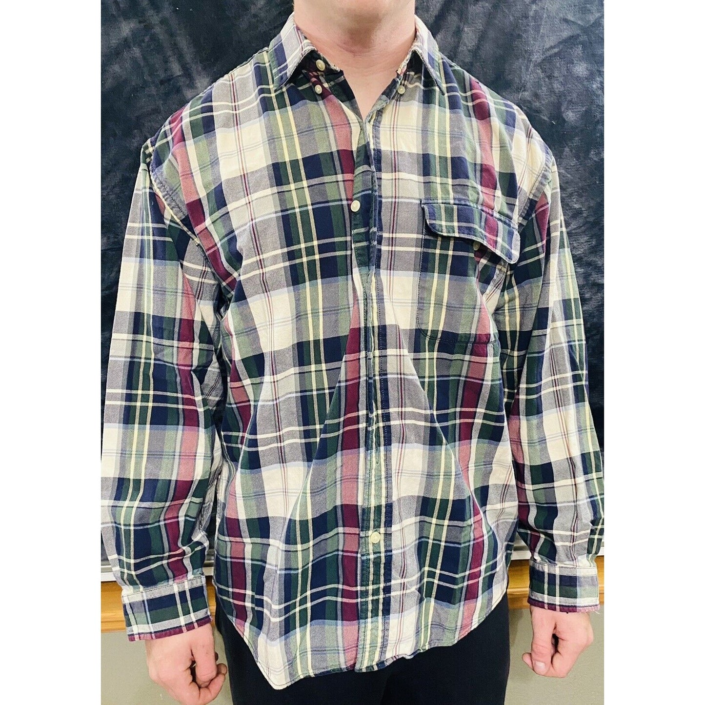 Eddie Bauer Men’s Large Green Yellow Red Blue Plaid Button-down Flannel