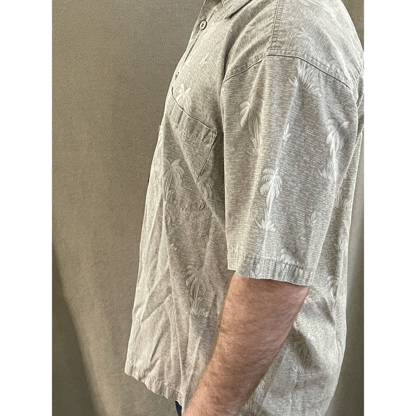 FADED GLORY MEN'S SZ L (42-44) Beige SHORT SLEEVE HAWAIIAN PALM TREES POCKET