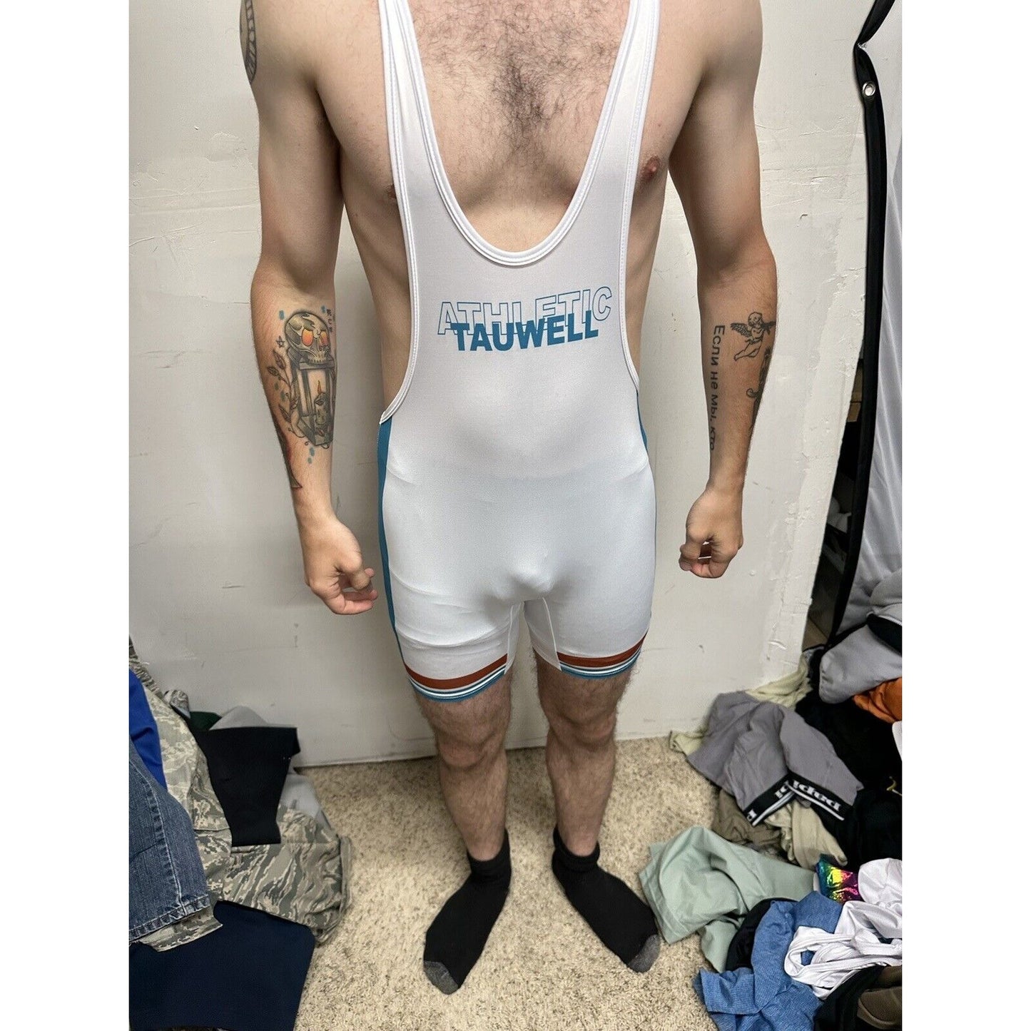 Men’s Tauwell White And Aqua Wrestling Singlet Large