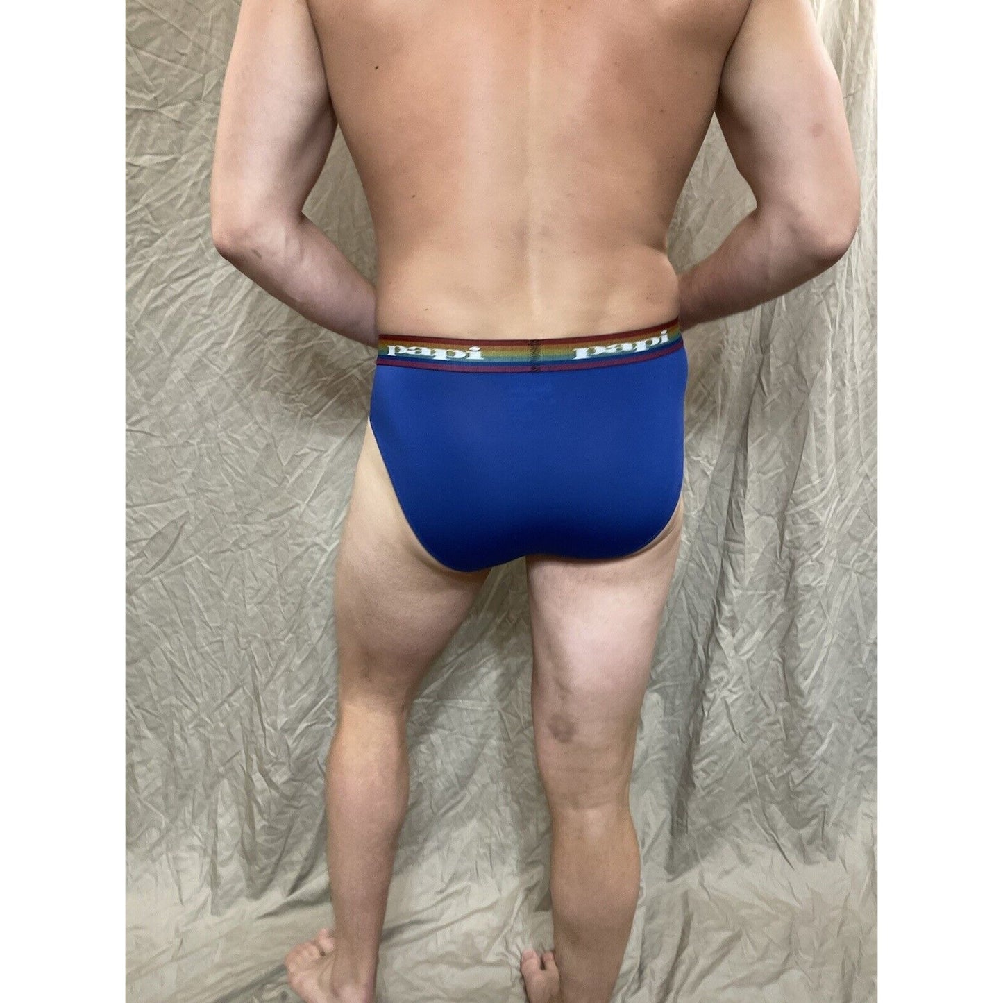 men's Blue rainbow pride papi brief 8% spandex XL