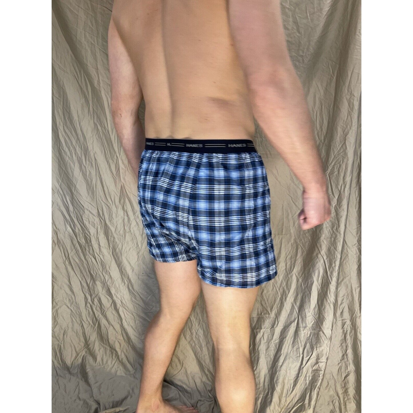 men's hanes blue plaid boxer shorts large confort flex
