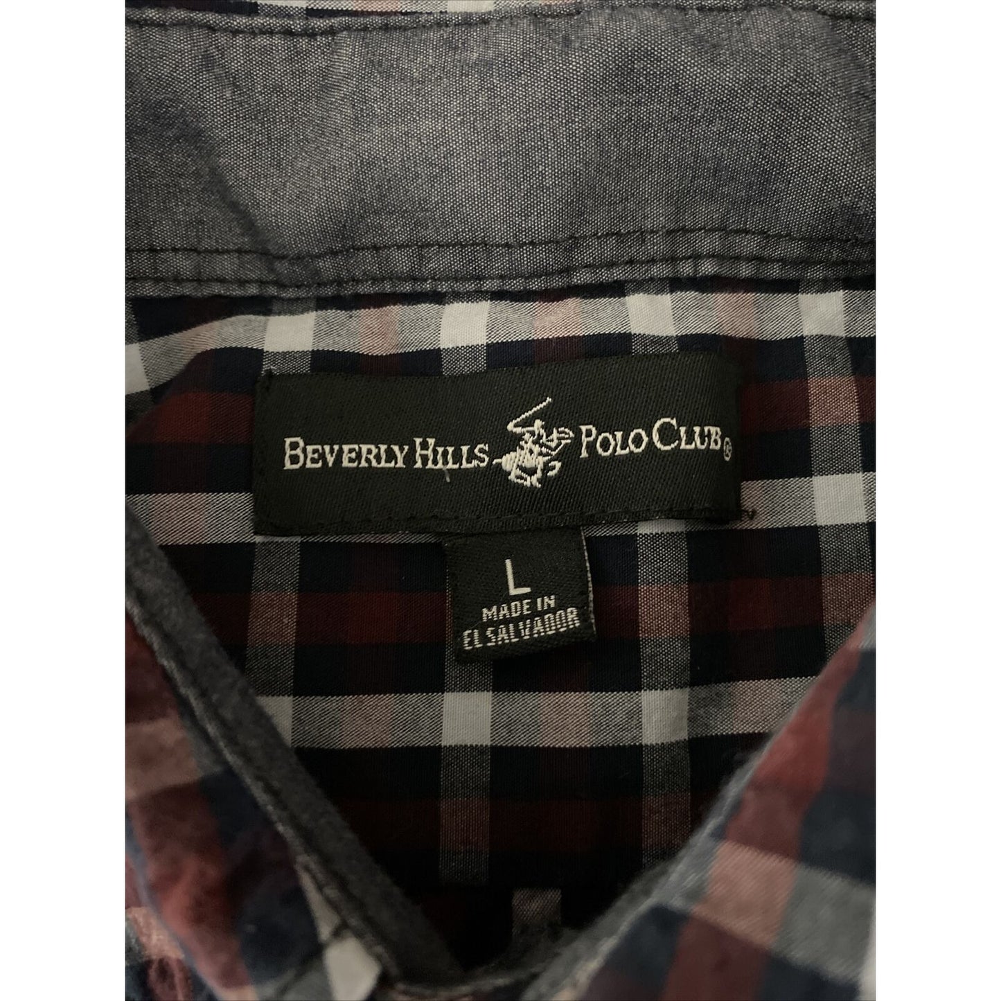 Beverly Hills Polo Club Mens Large White Red Black Plaid Button-down Long Sleeve