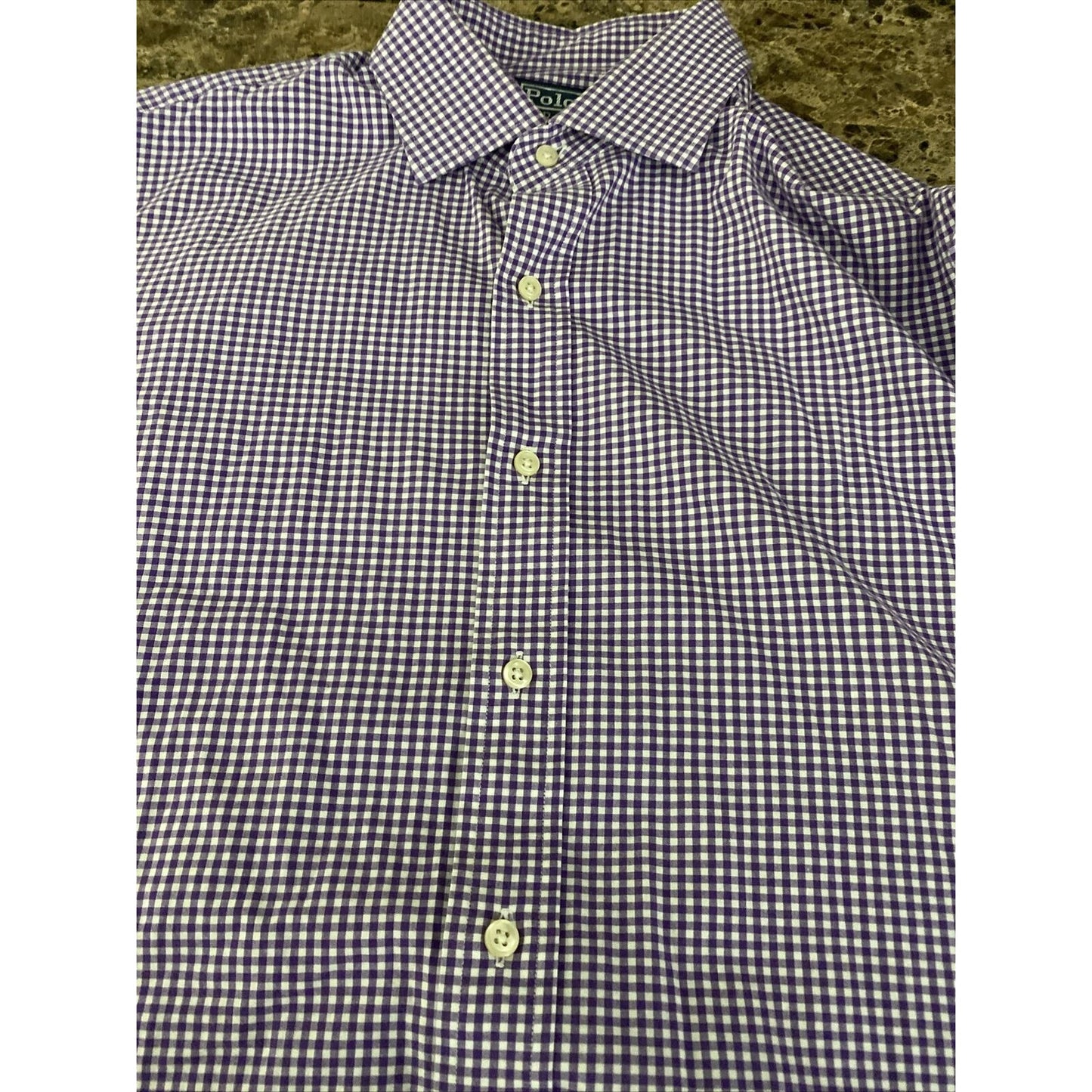 Polo Ralph Lauren Men’s Sz 16 1/2 Classic Fit Purple Gingham Plaid Long Sleeves