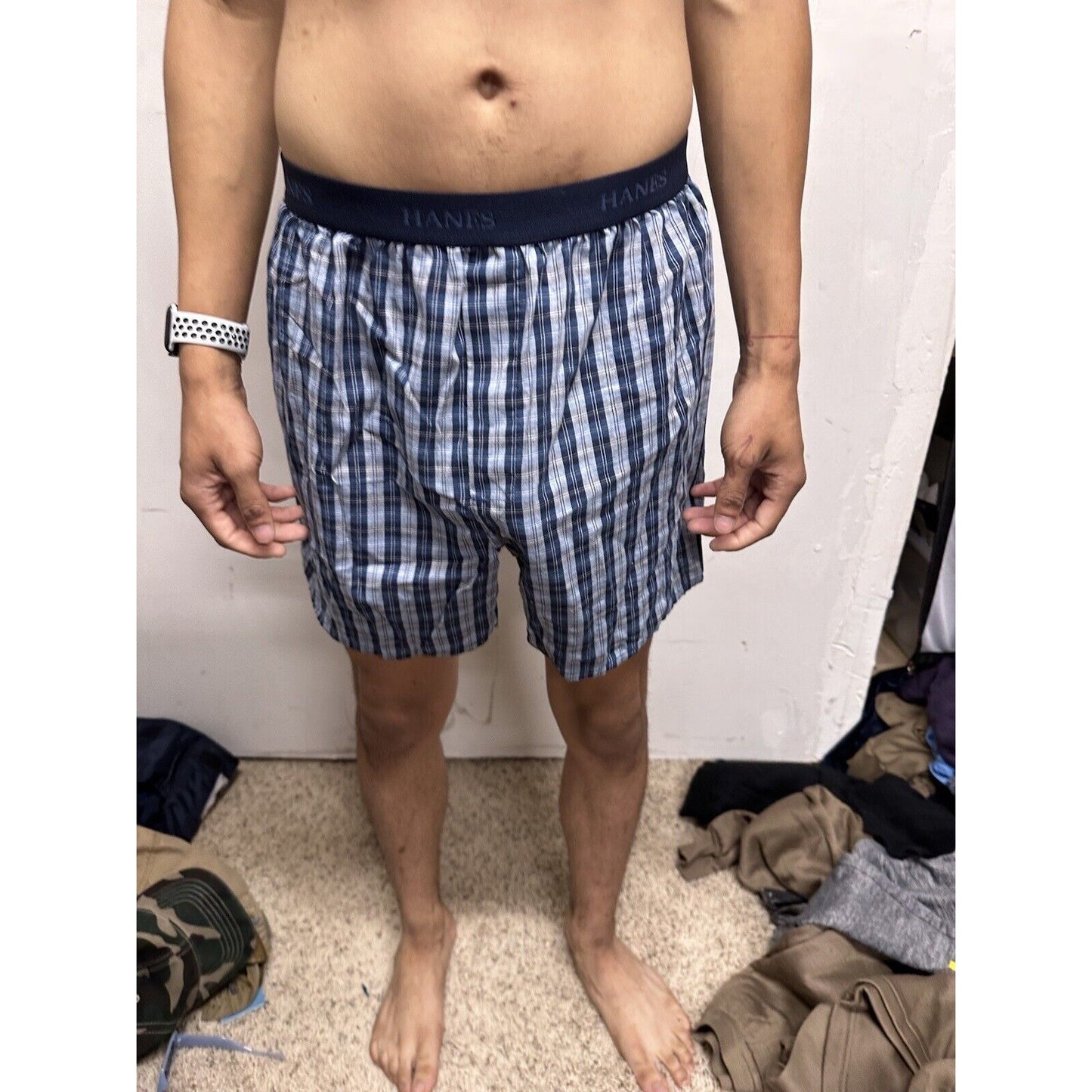 Men’s Hanes Blue Gray Plaid Medium Boxer Shorts Fruit Of The Loom