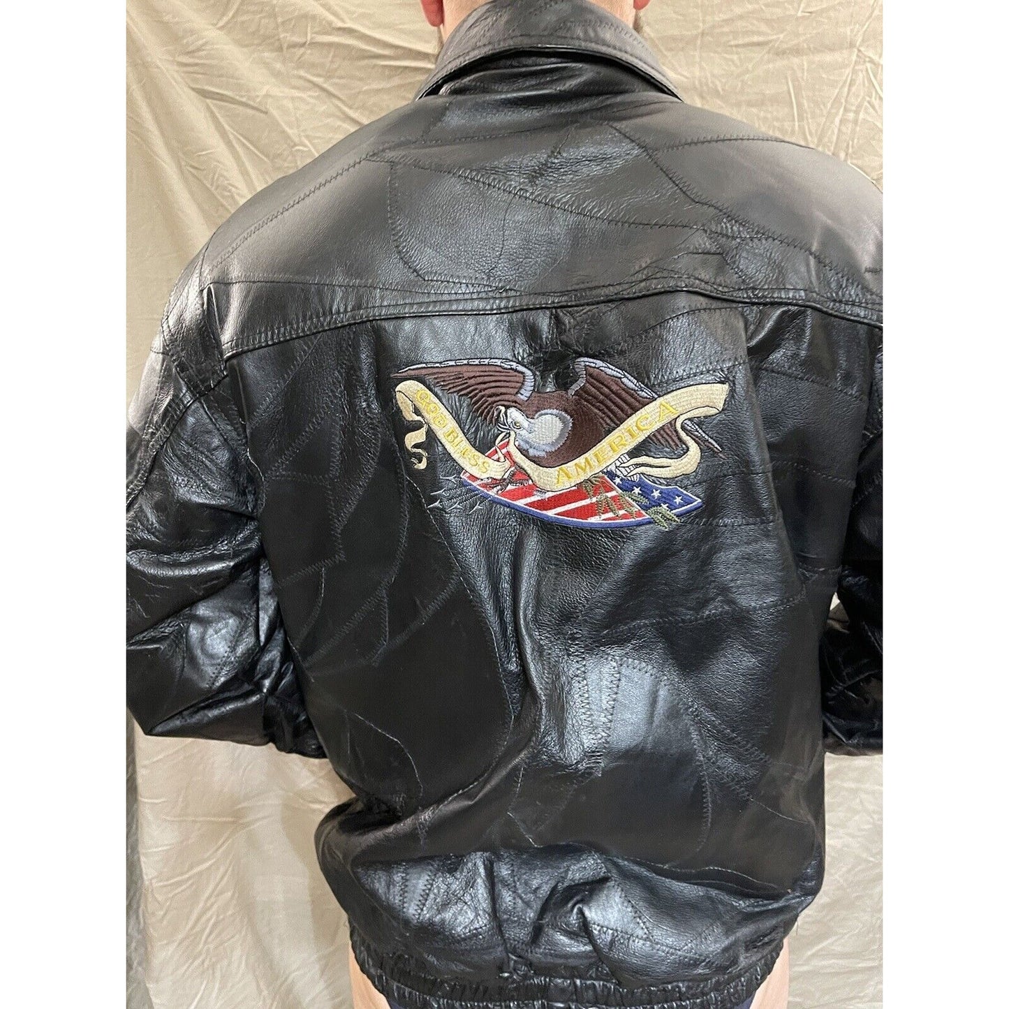 Men's XL genuine leather god bless america black Jacket