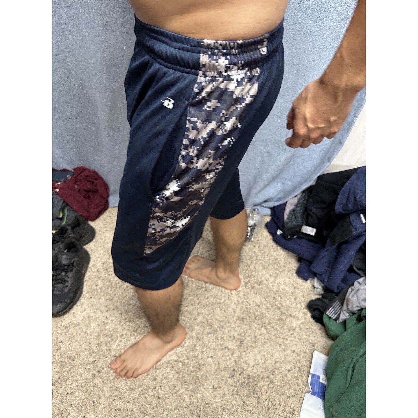 Men’s Badger Sport Small Dark Blue Camo Athletic Shorts With Pockets