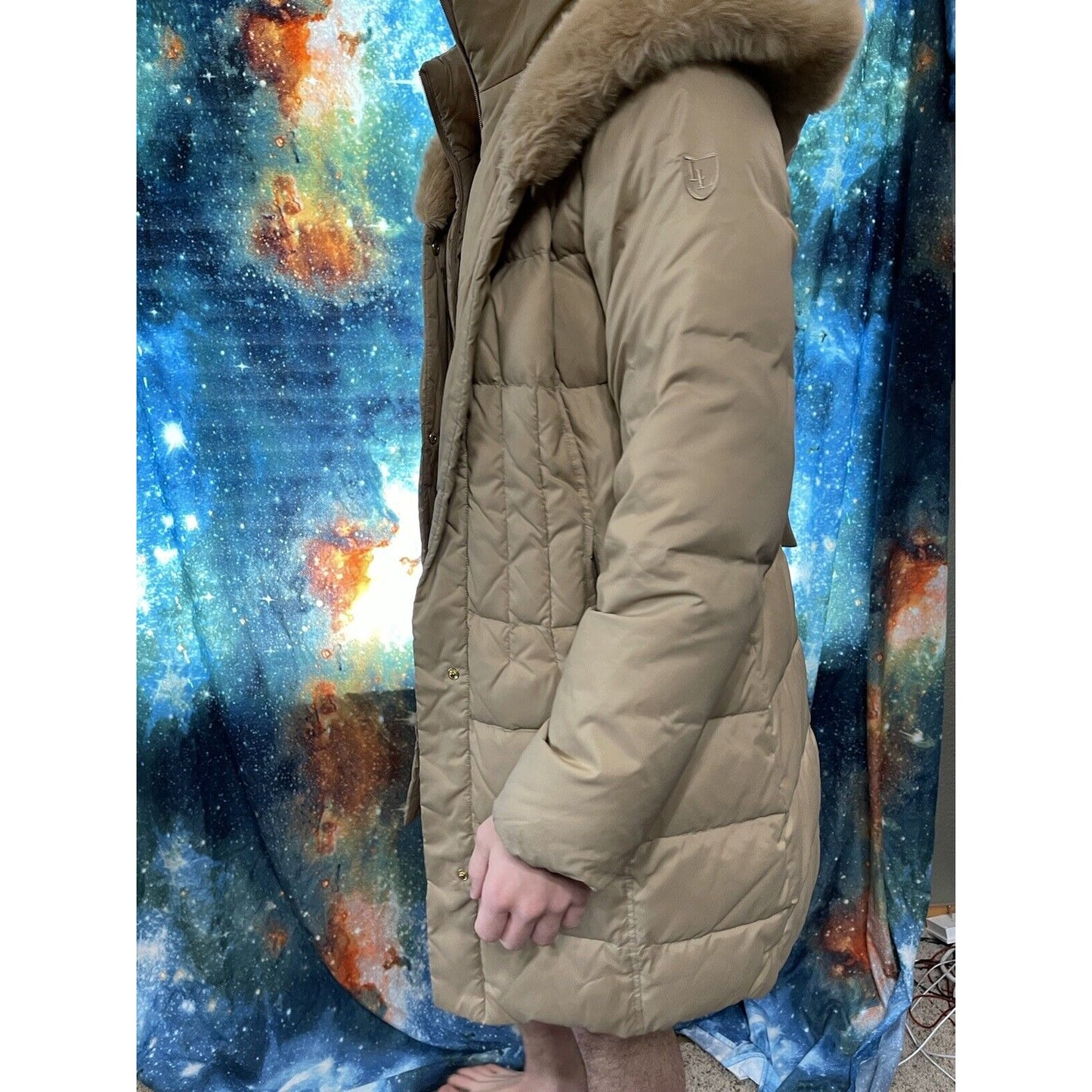Larry Levin Women's Large Tan Puffy Snap jacket Down Faux Fur