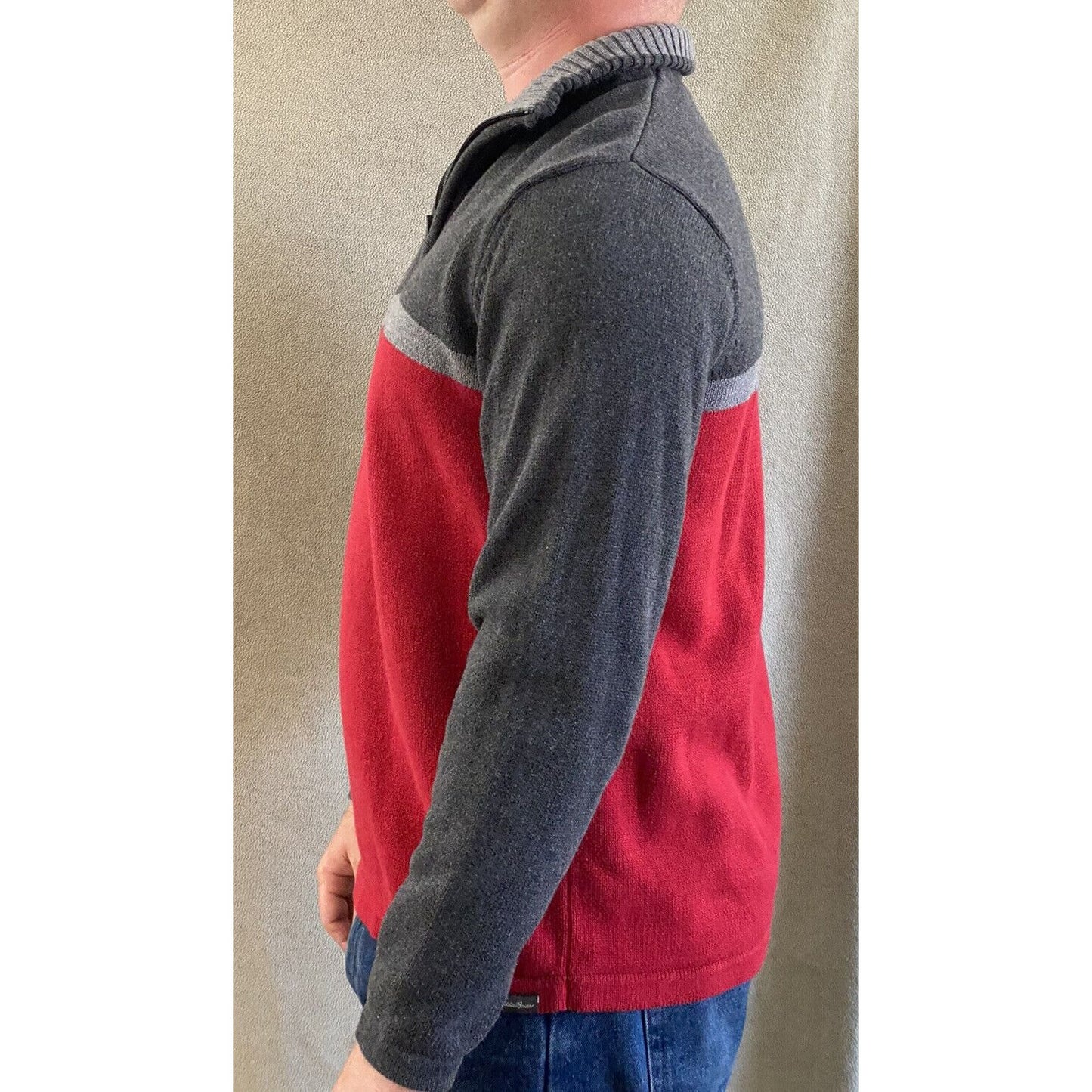 Eddie Bauer Men’s Large Gray Red Cotton 1/4-zip Pullover Sweater
