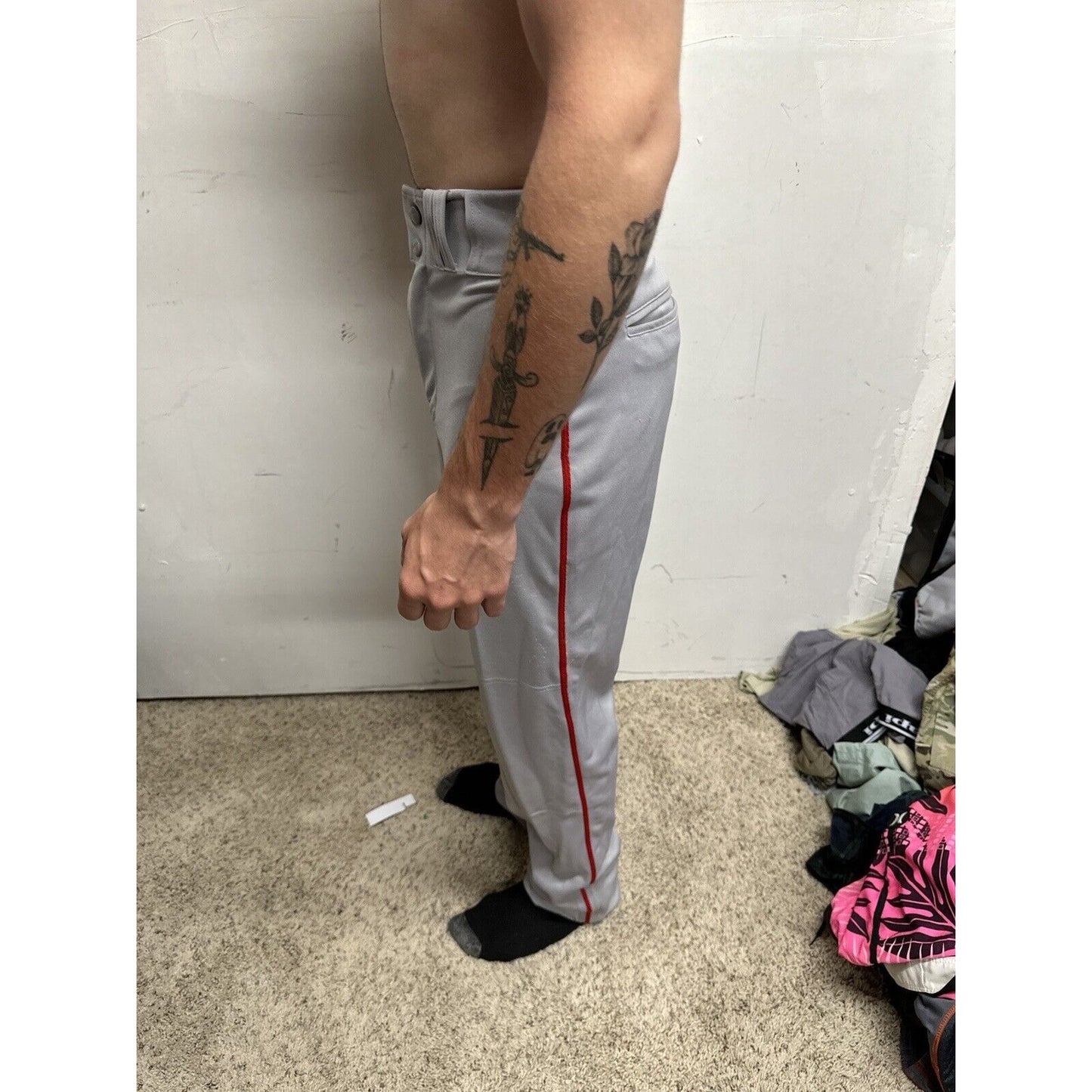 Men’s Chanmpro Adult Small Gray Baseball Pants Red Stripe